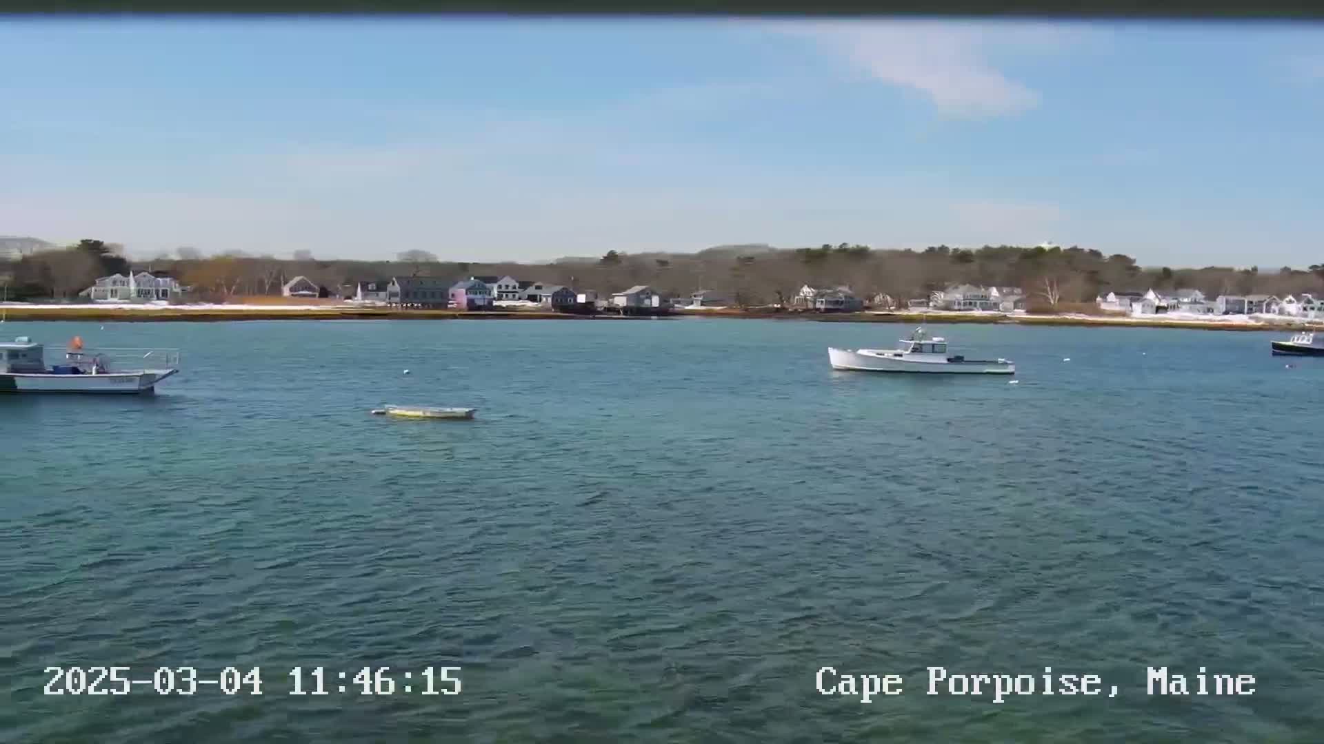 Under a clear blue sky, several boats are moored in calm, teal water in front of a shoreline of houses with patches of snow.