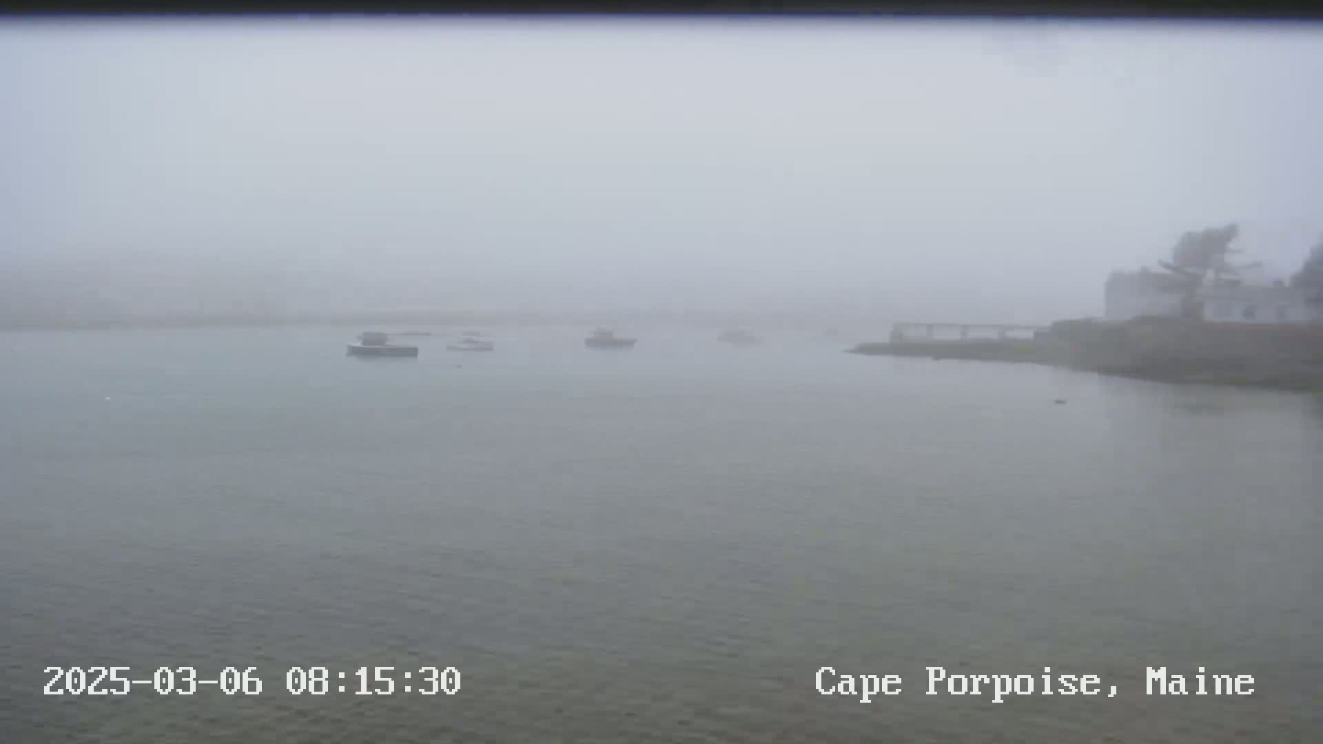 A foggy harbor scene shows several small boats and a building on the shore.