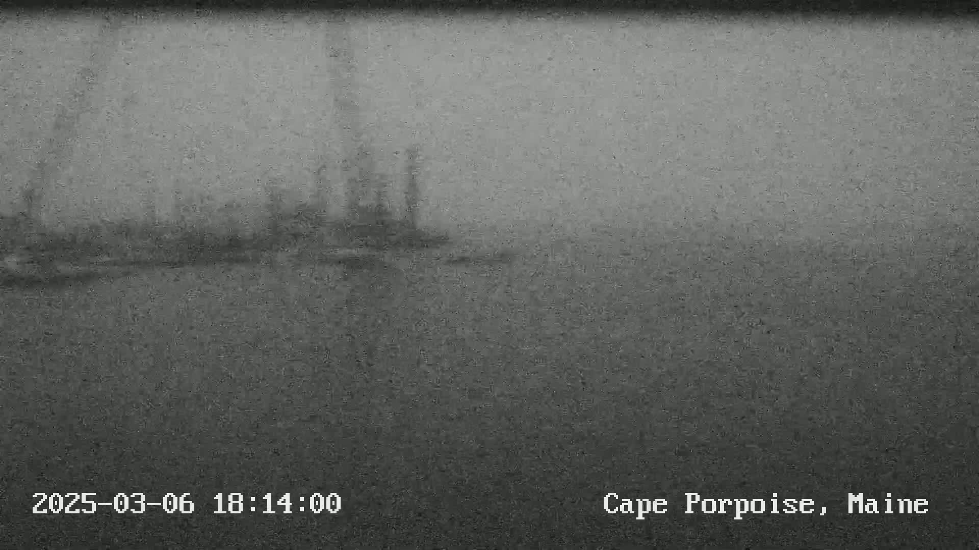 A blurry, low-visibility image shows a distant, indistinct shoreline on an overcast day.