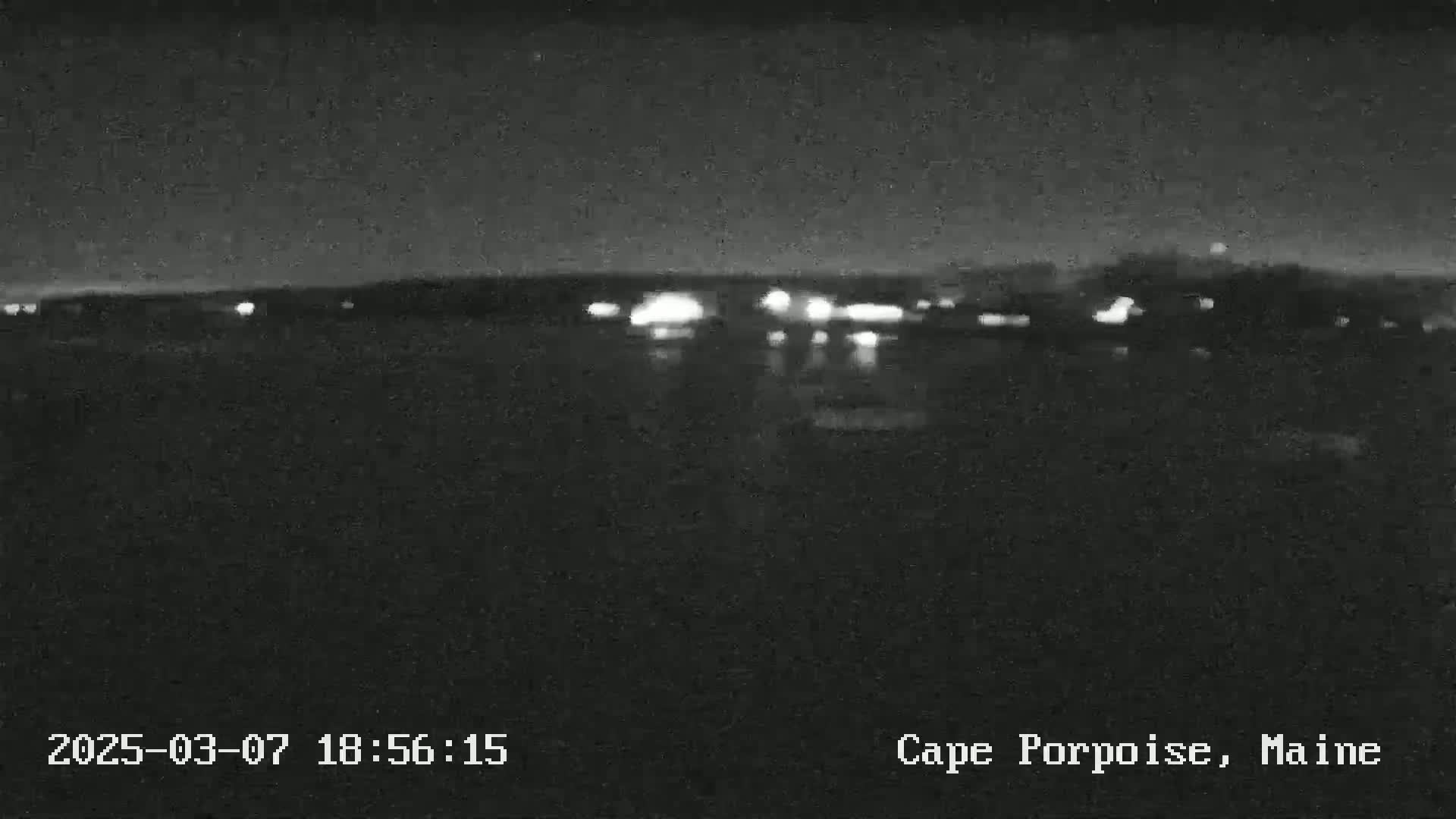 A nighttime, low-light view of a body of water with a distant shoreline showing faint lights.