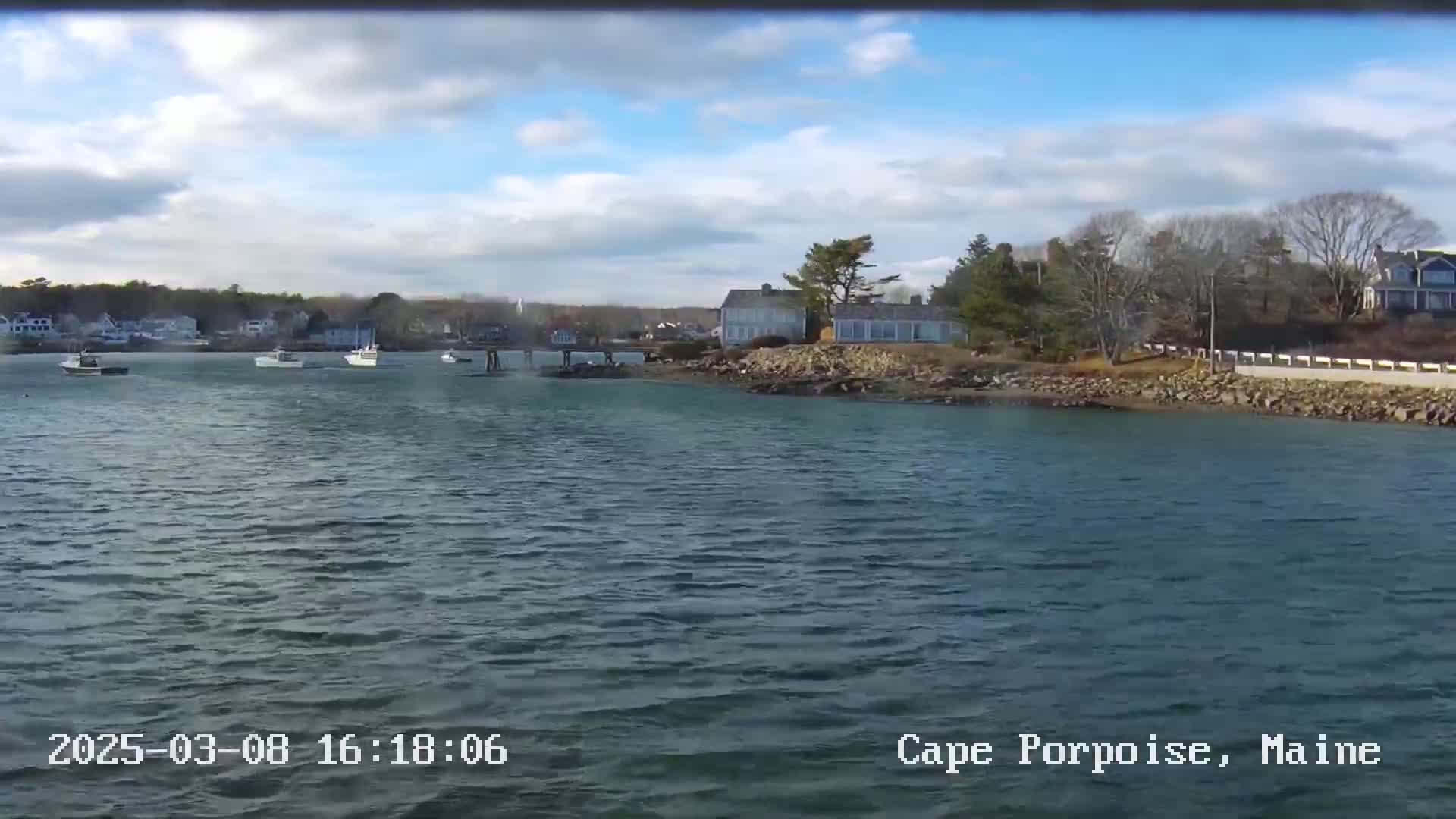 Several boats are moored in a calm body of water near a shoreline with houses and trees under a partly cloudy sky.
