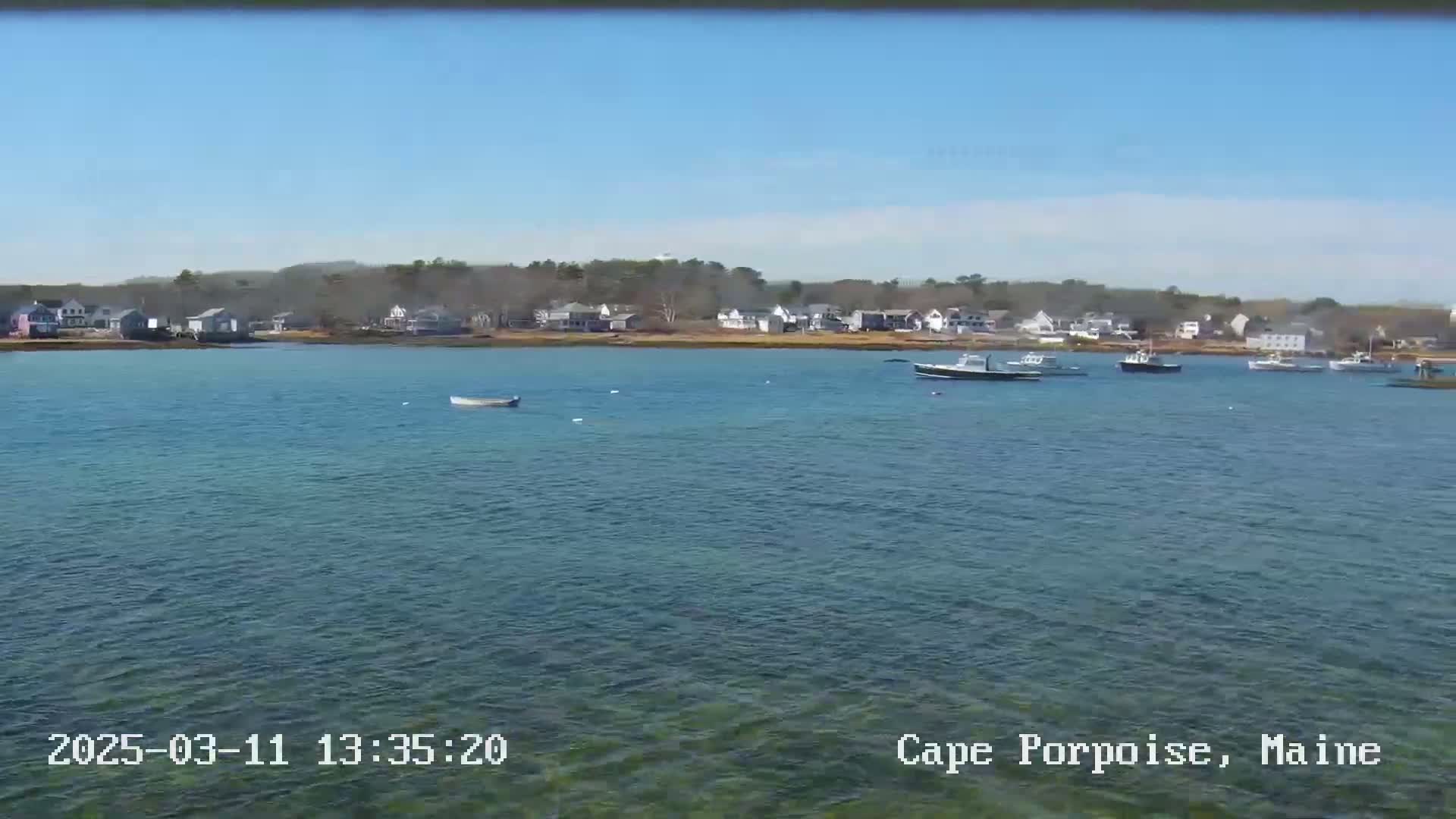A calm, sunny day reveals several boats in a harbor, with a small town and tree-lined shore in the background.
