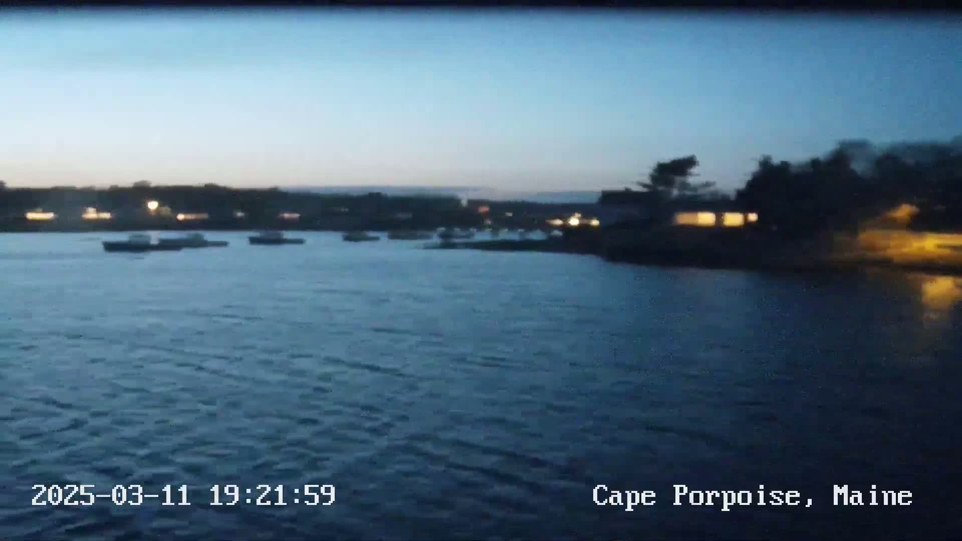 Several boats are moored in a calm body of water at dusk, with illuminated buildings visible on the shoreline.
