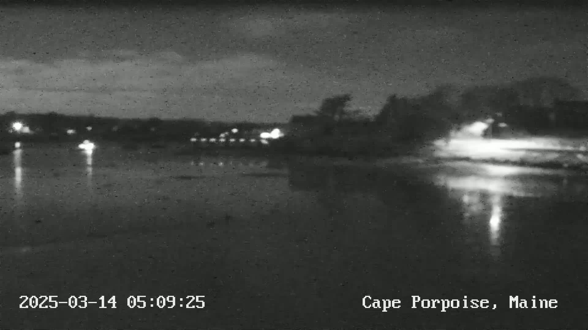 A nighttime, blurry view of a body of water with lights from a town visible in the distance under a dark, cloudy sky.