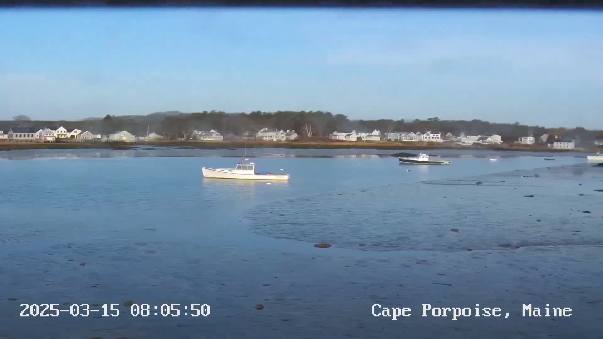 A calm body of water with two small boats and a shoreline of houses under a clear, light blue sky.