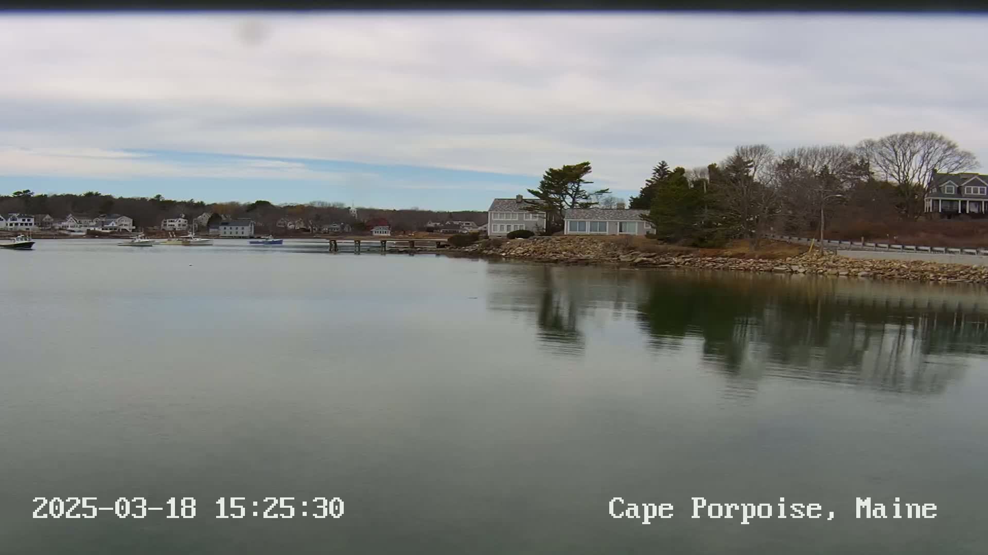 A calm body of water reflects a shoreline with houses and trees under a cloudy sky.