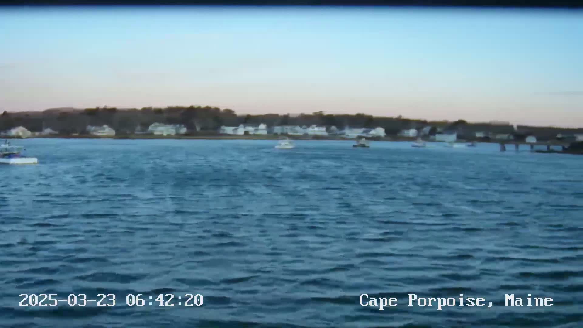 A calm, blue body of water with several small boats is in front of a shoreline with houses and trees under a twilight sky.