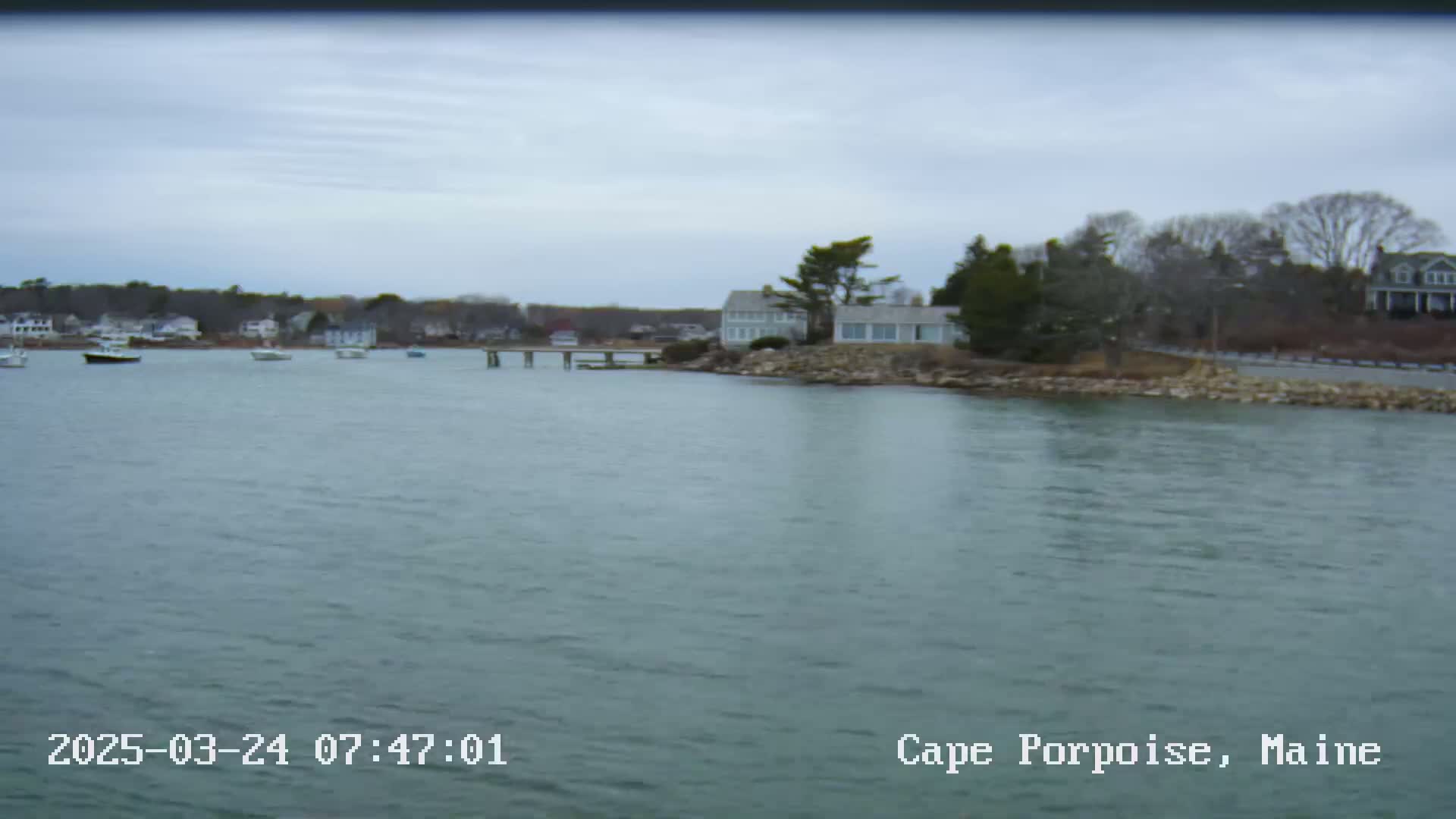 Several boats are moored in a calm body of water in front of a shoreline with houses and bare trees under an overcast sky.