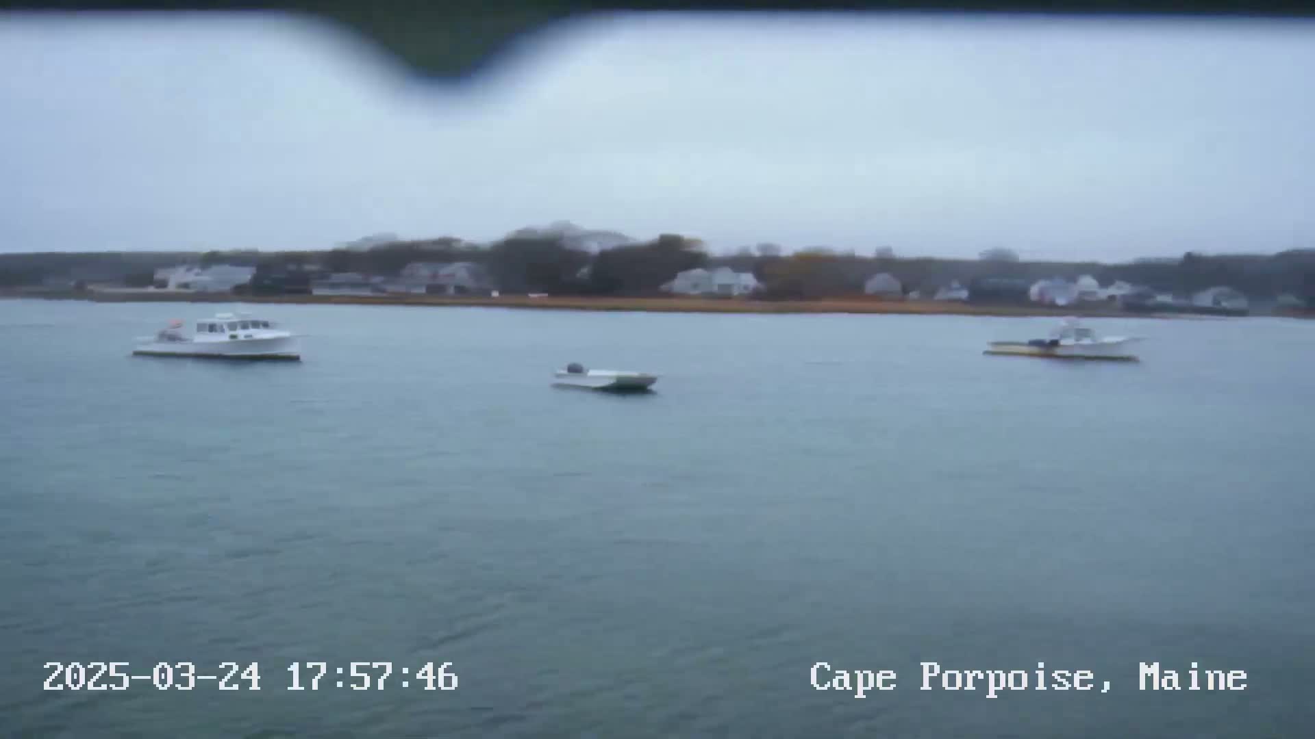 Three small boats are on a calm body of water in front of a shoreline with houses under an overcast sky.