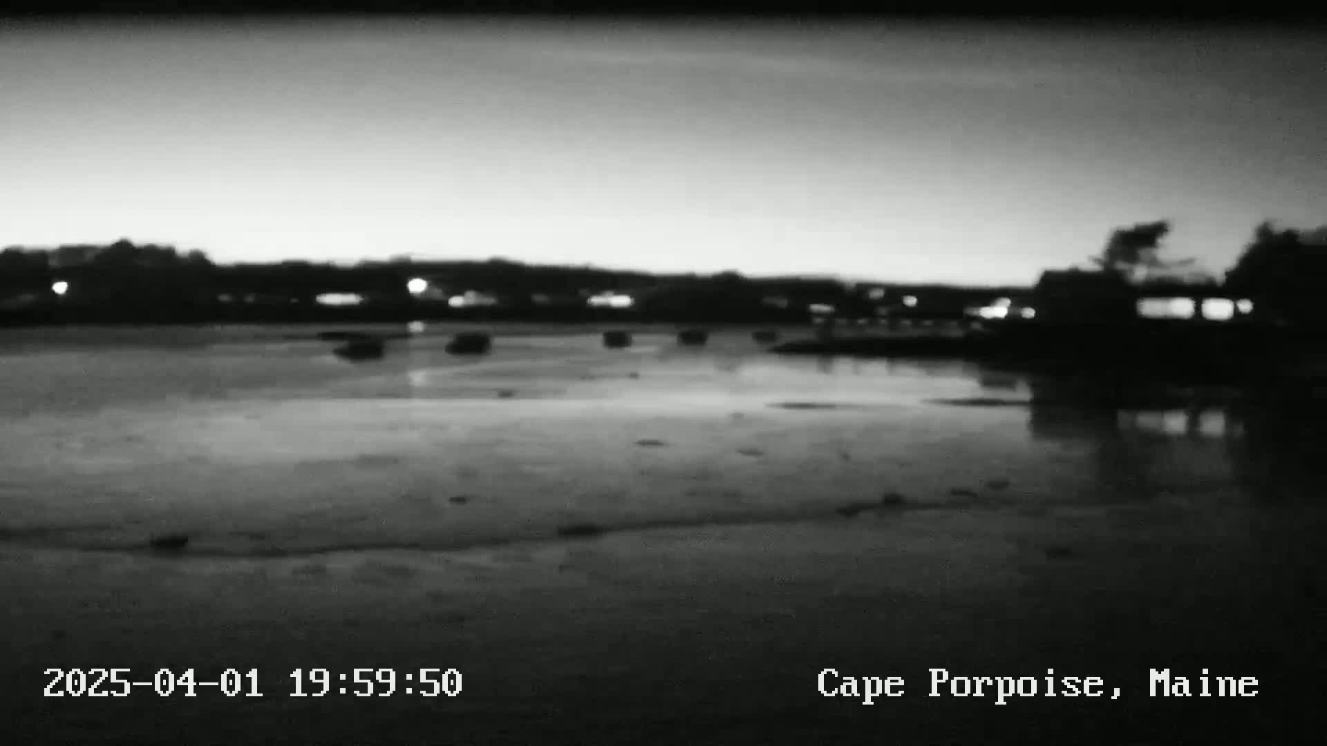 A grayscale image shows a dark, calm body of water at twilight, reflecting the lights of a distant shoreline.