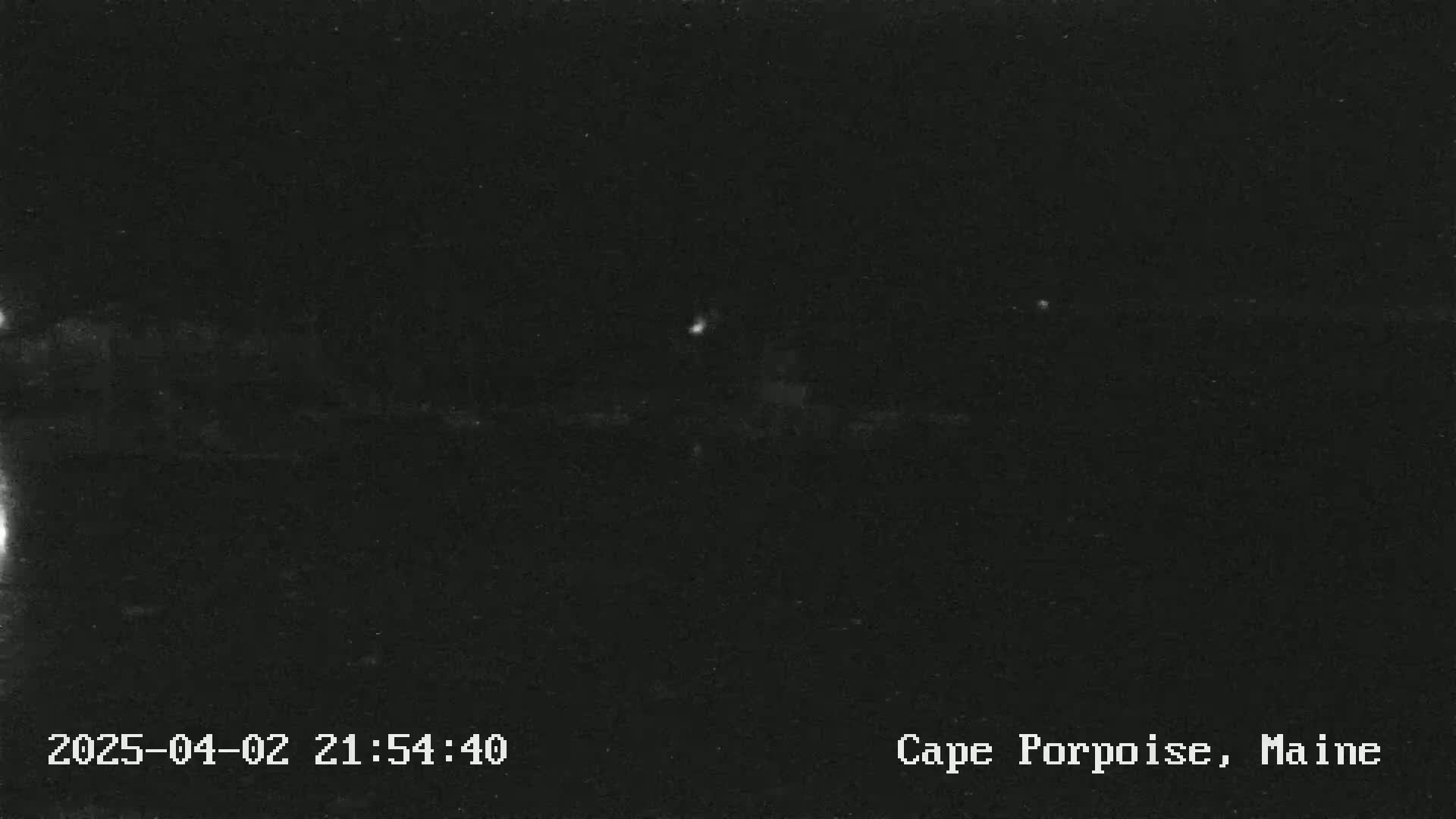 A nighttime, low-light image shows a dark landscape with a few faint lights in the distance.