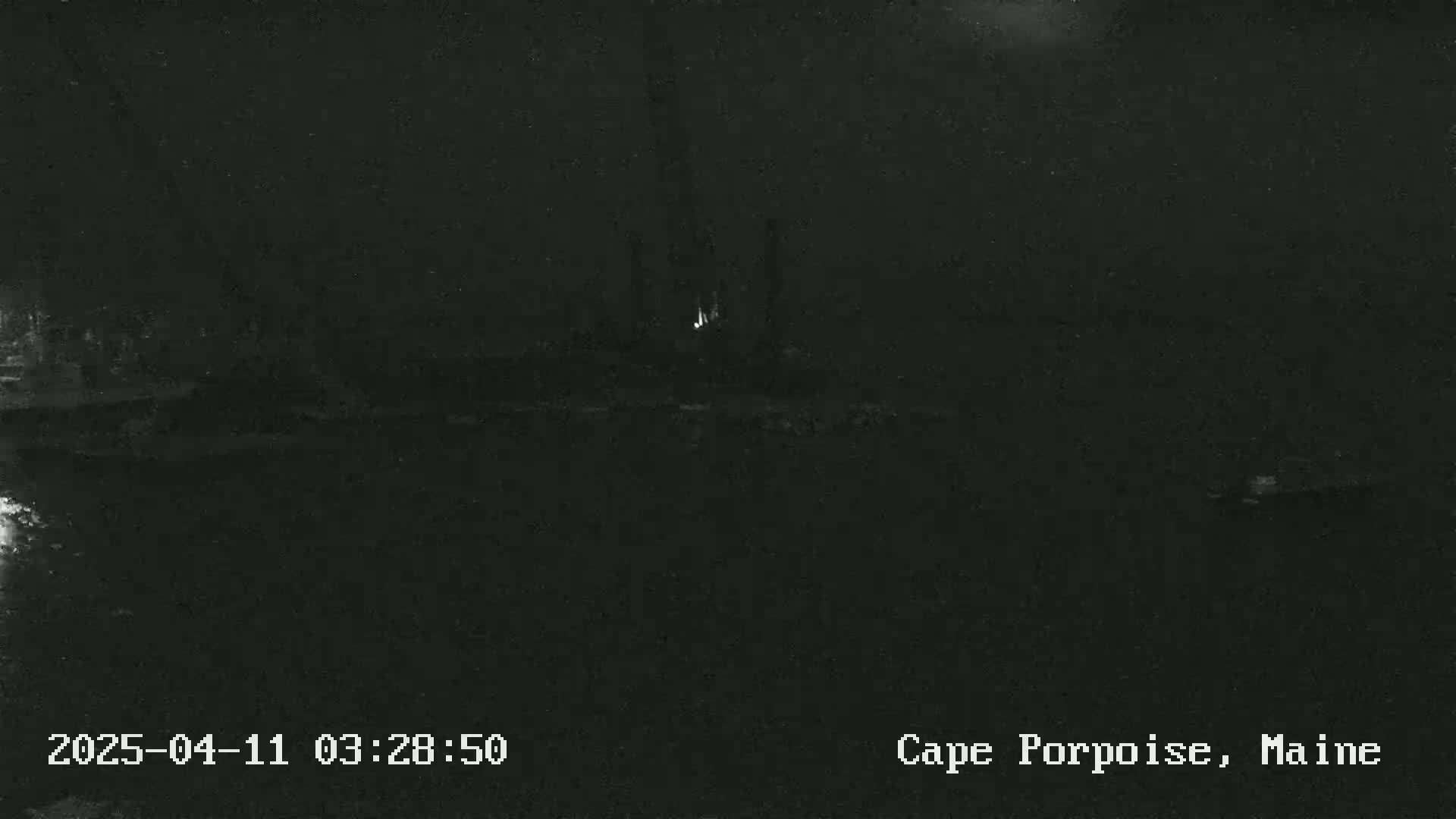 A dark, nighttime outdoor scene shows a dimly lit body of water with a faint light source in the distance.