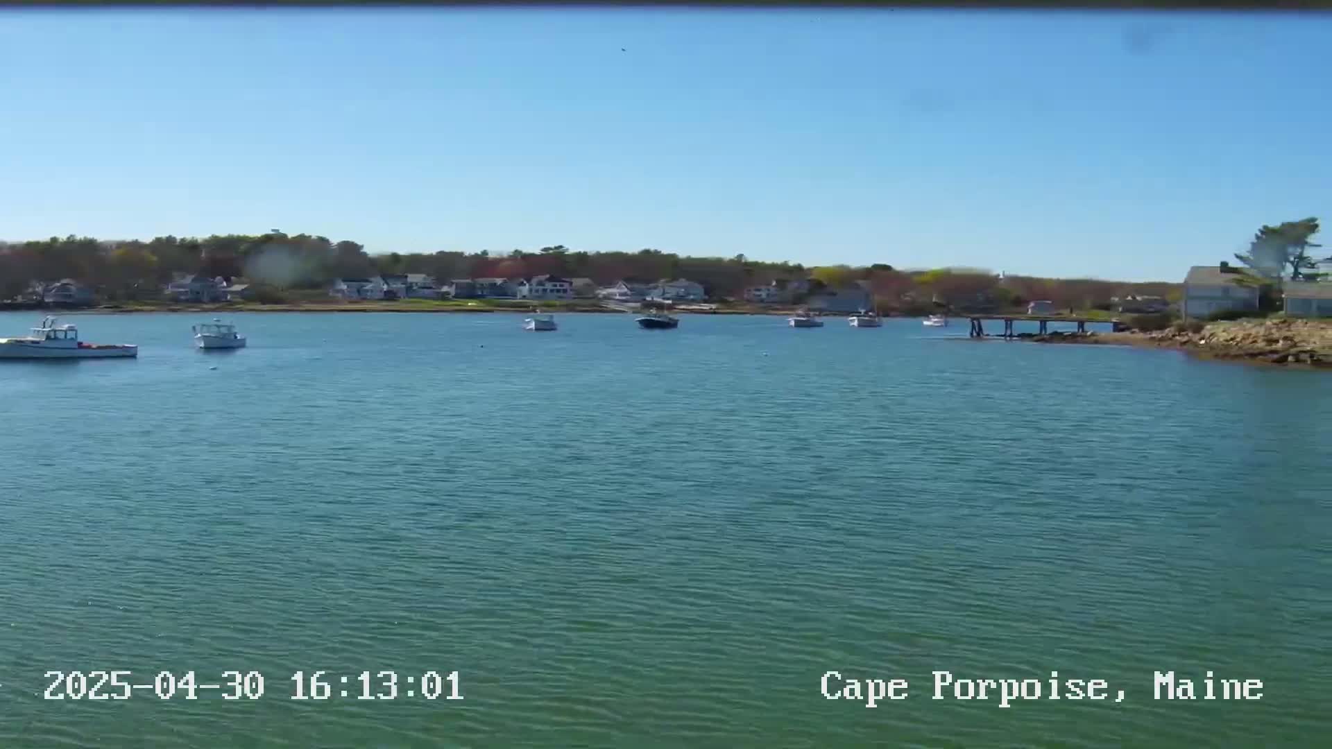 Several small boats are moored in a calm, blue-green body of water in front of a small town on a sunny day.