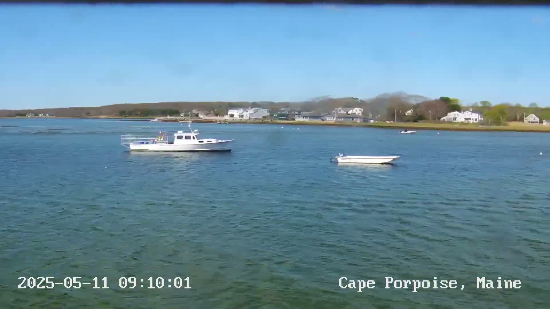 On a sunny day, two small boats are visible on a calm body of water in front of a shoreline with houses and trees.