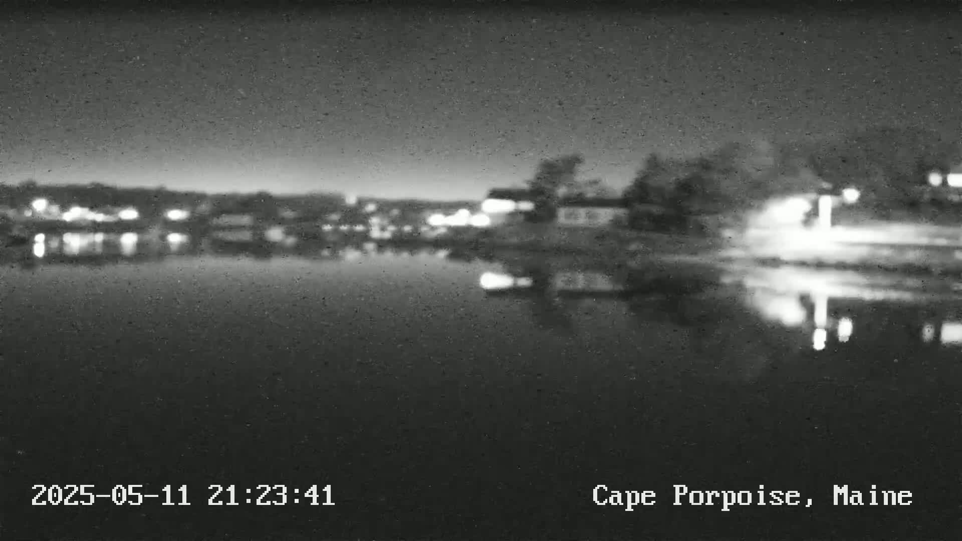 A nighttime, blurry view of a calm body of water reflecting the lights of a distant town under a dark sky.