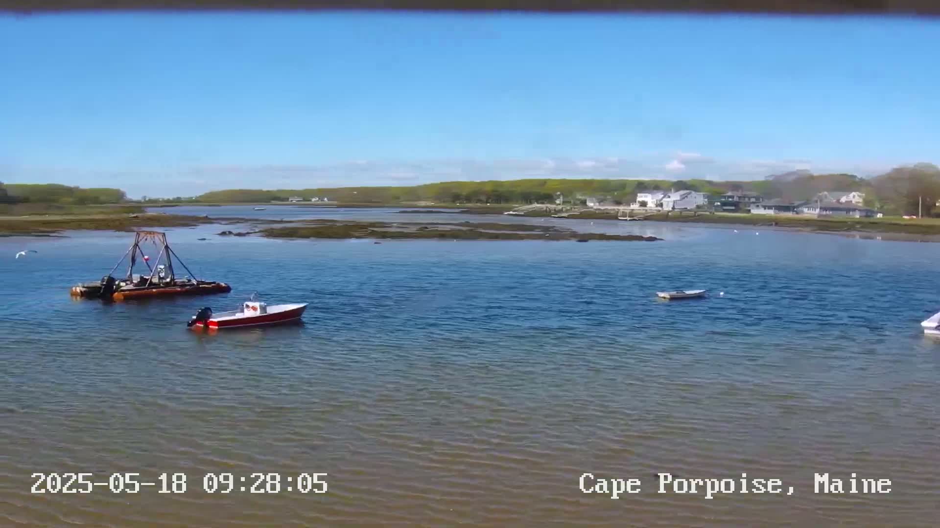 A calm, sunny day reveals a body of water with several small boats, including a dredge, and a shoreline with houses and trees in the background.