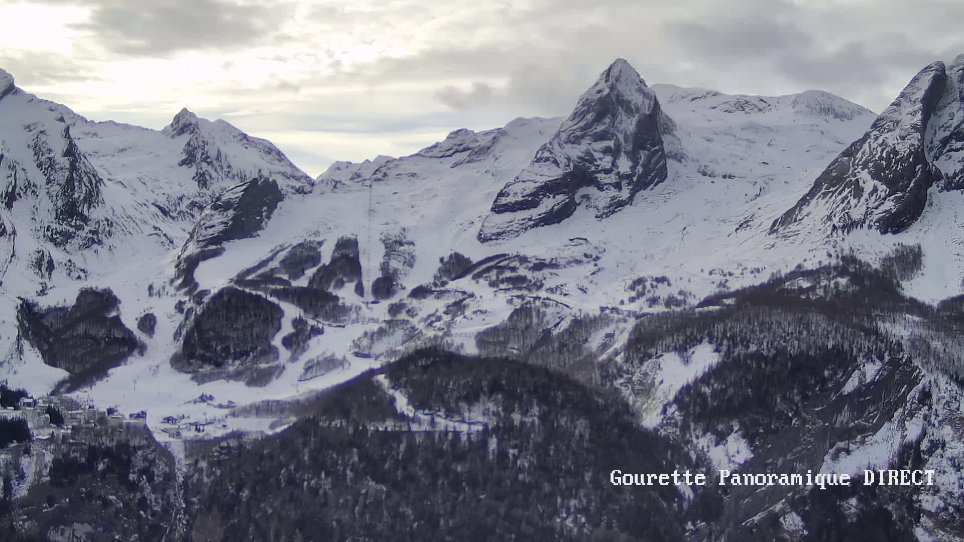 A snow-covered mountain range with a valley containing a town and ski runs under an overcast sky.