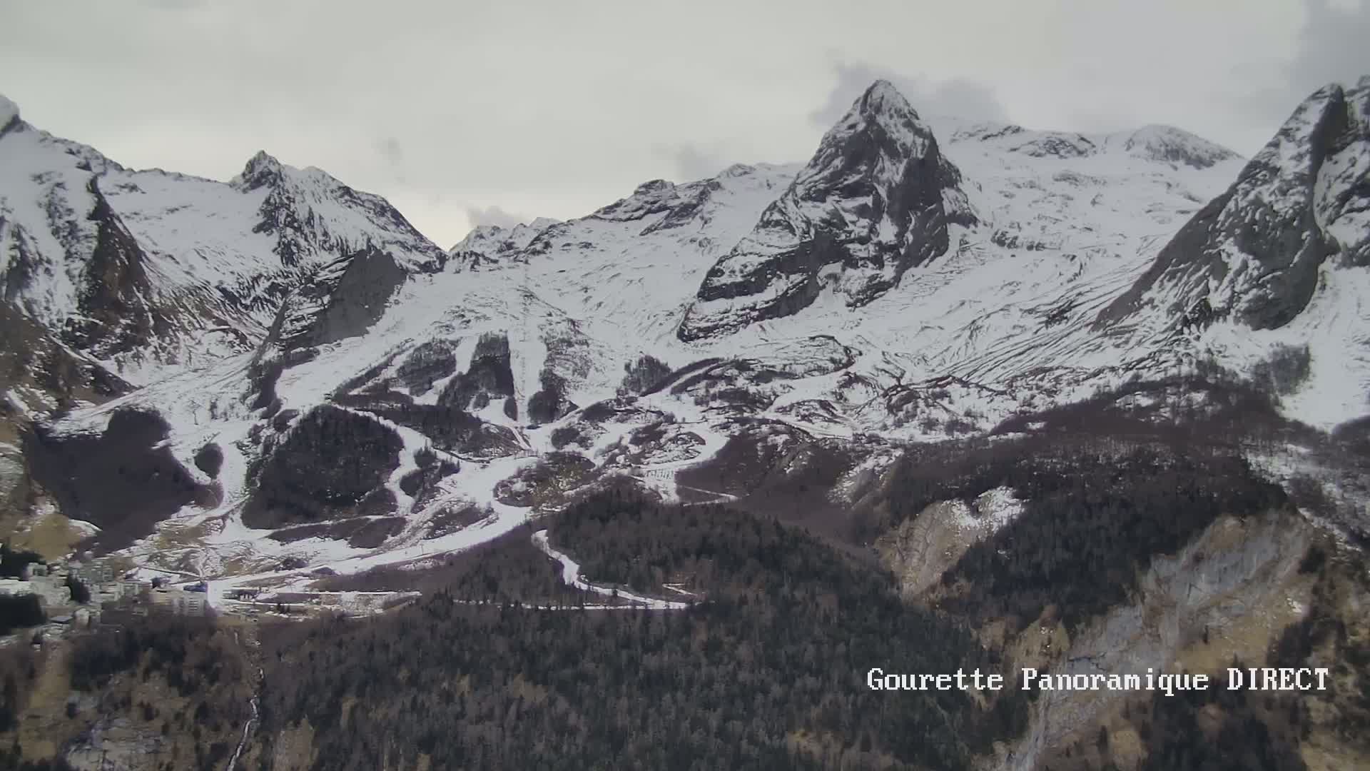 A snow-covered mountain range with dark green forests at its base under an overcast sky.