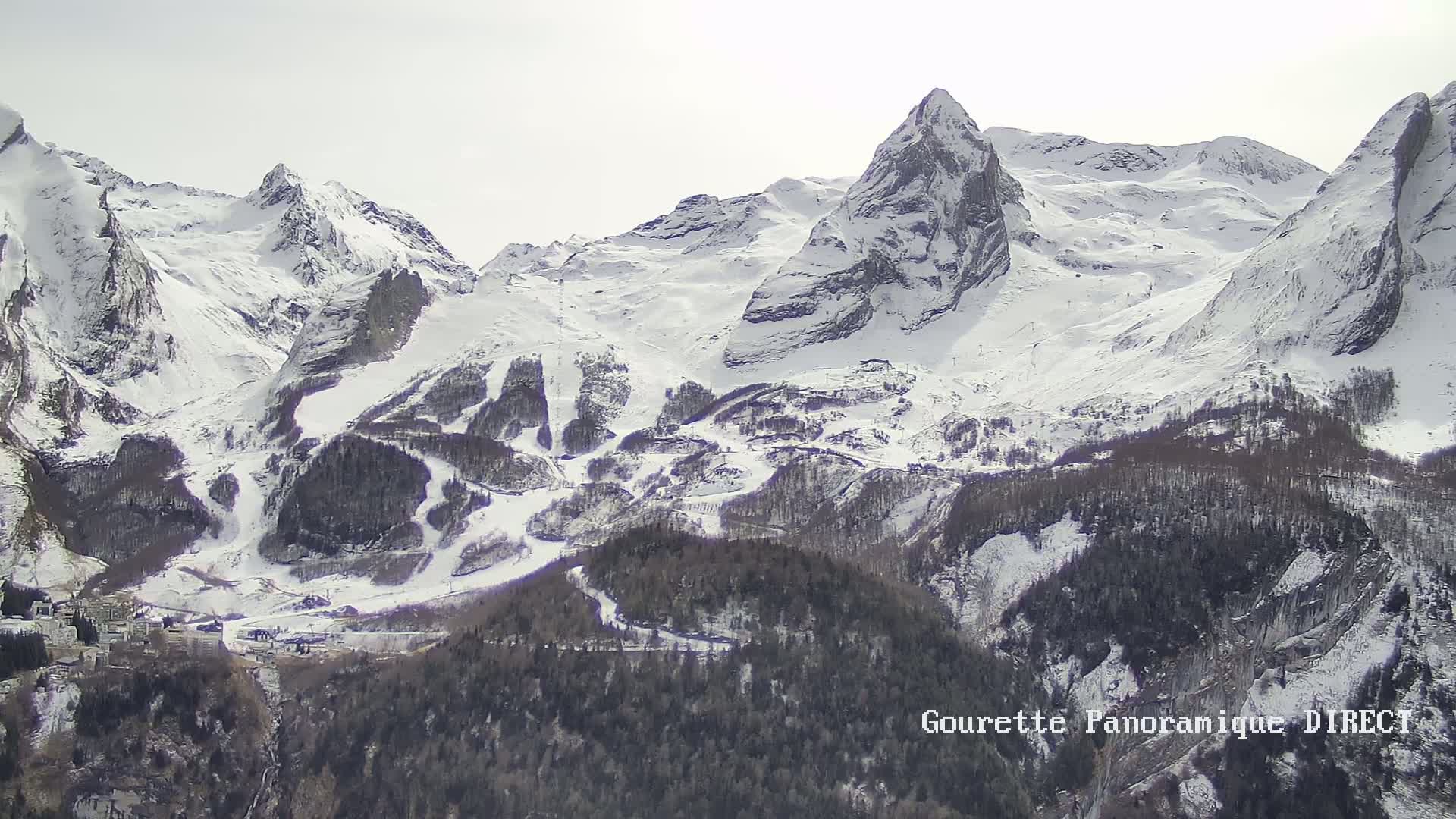 Snow-covered mountains with ski slopes and a valley of dark green trees under a bright, overcast sky.