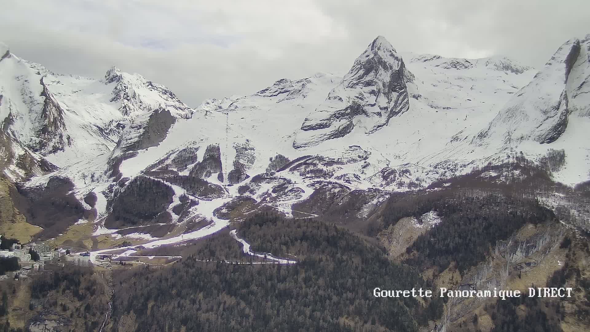 Snow-covered mountains with ski runs descend into a valley of dark green trees under an overcast sky.