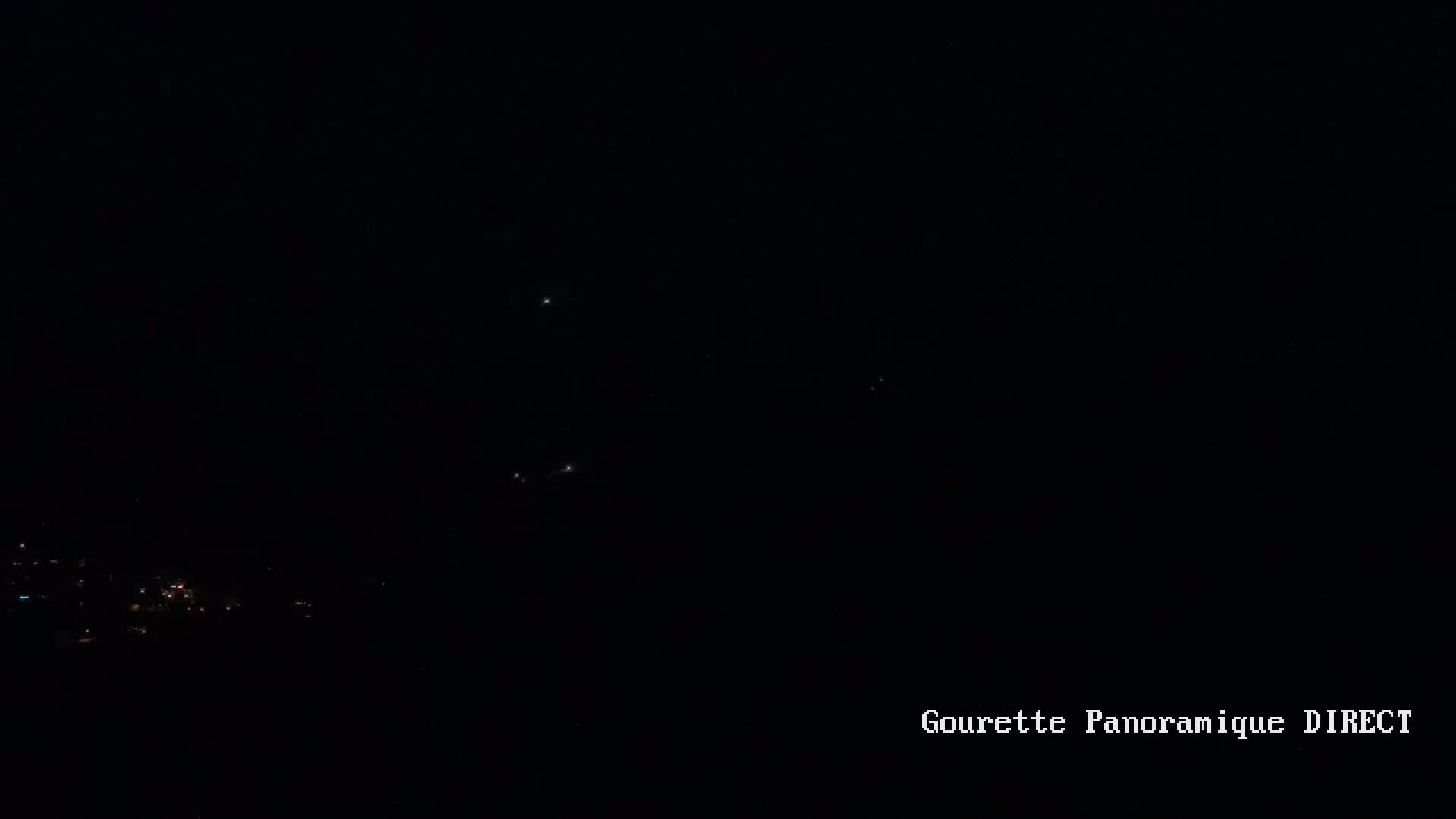 A nighttime long shot shows a few faint lights in the distance, possibly from a town, against a completely dark sky.