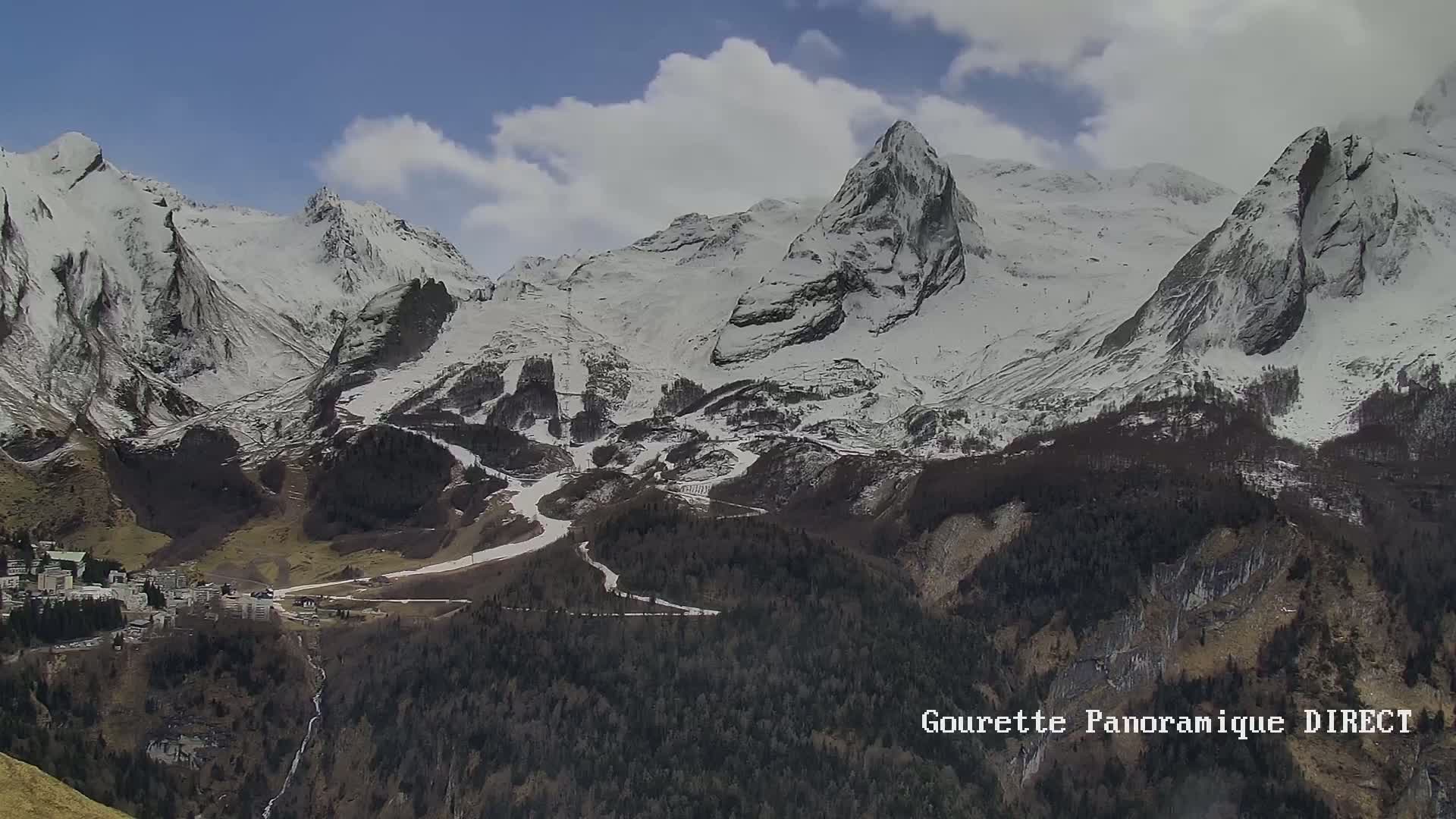 A partly cloudy day reveals snow-capped mountains with ski runs and a small town nestled in the valley below.