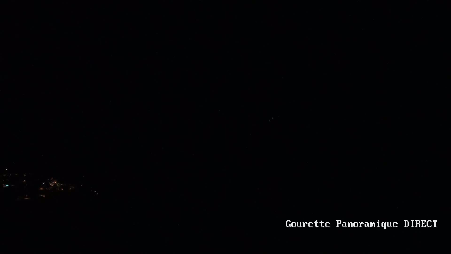 A nighttime long shot shows a few faint lights in the distance below a dark sky.
