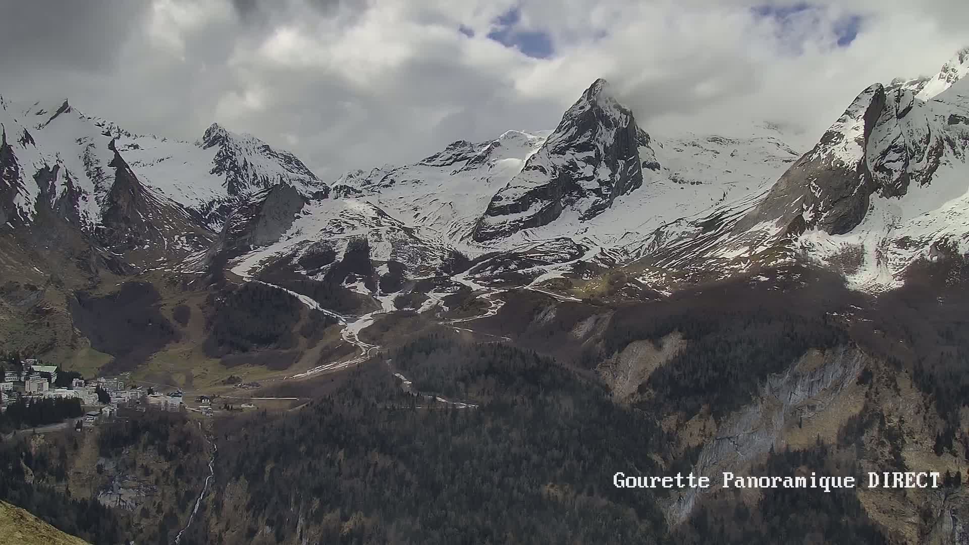 A mountain range capped with snow under a cloudy sky overlooks a small town nestled in a valley below.