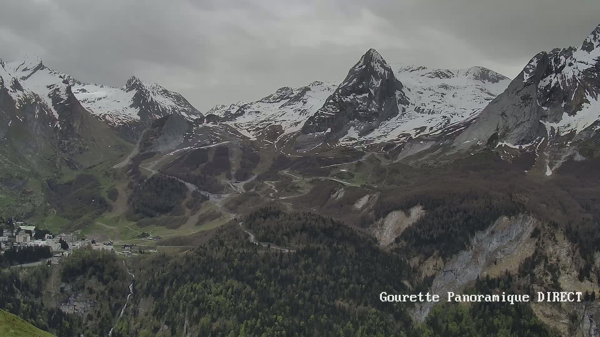 A long-range view shows a snow-capped mountain range under an overcast sky, with a small town nestled in the valley below and green forests covering the lower slopes.