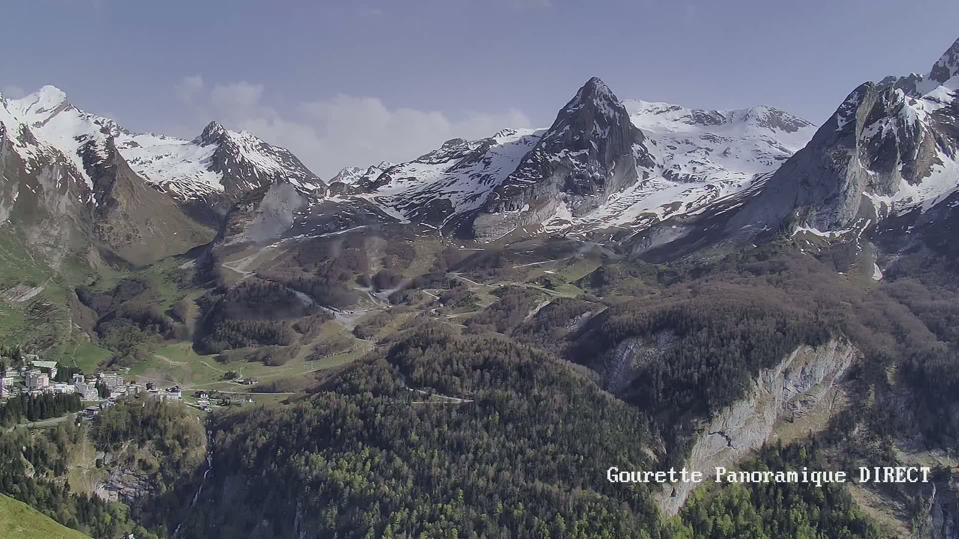 A mountain village nestled in a valley surrounded by snow-capped peaks under a mostly clear sky.