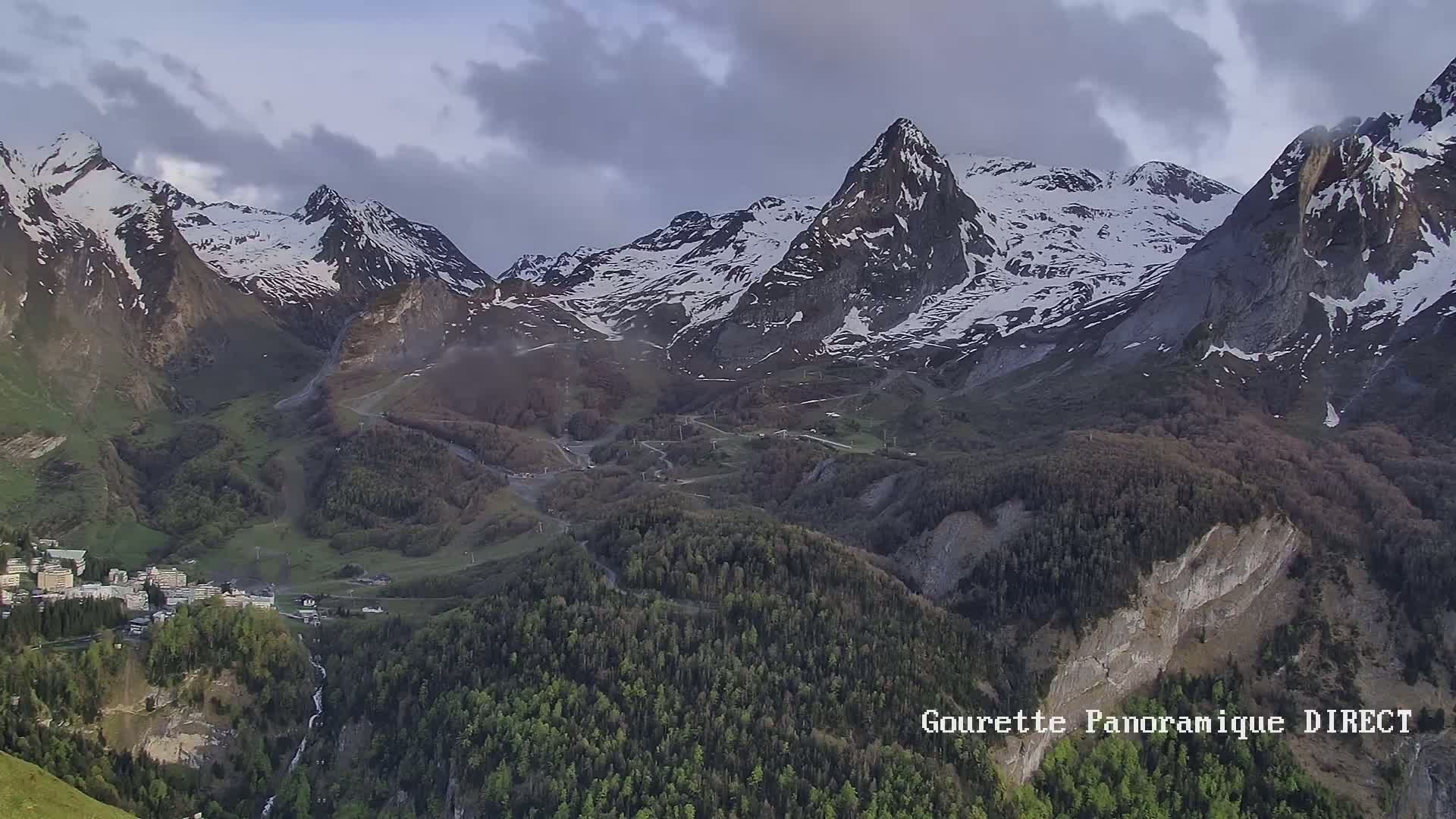 A valley town nestled below snow-capped mountains under a partly cloudy sky.