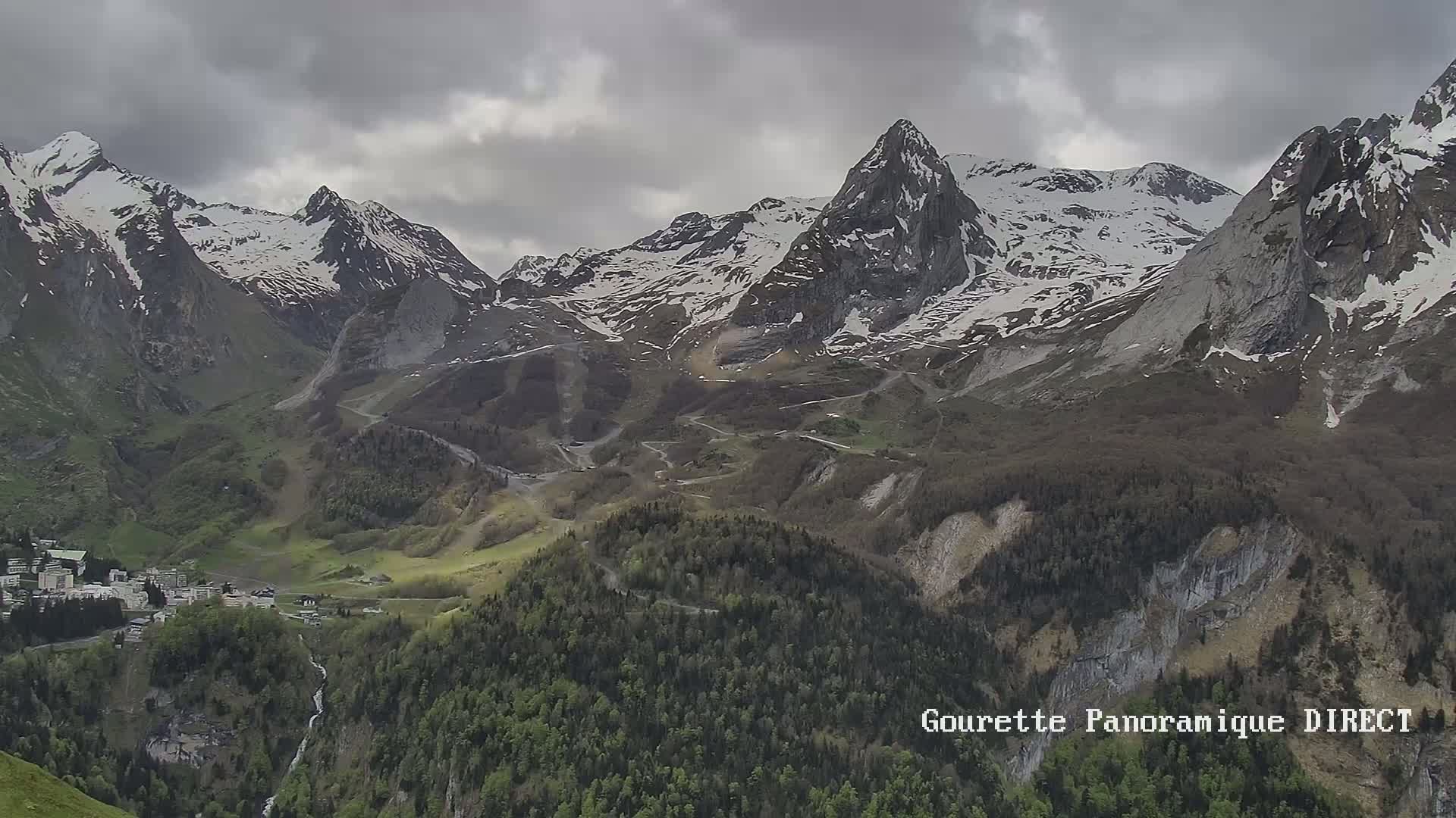 A mountain village nestled in a valley between snow-capped peaks under a cloudy sky.