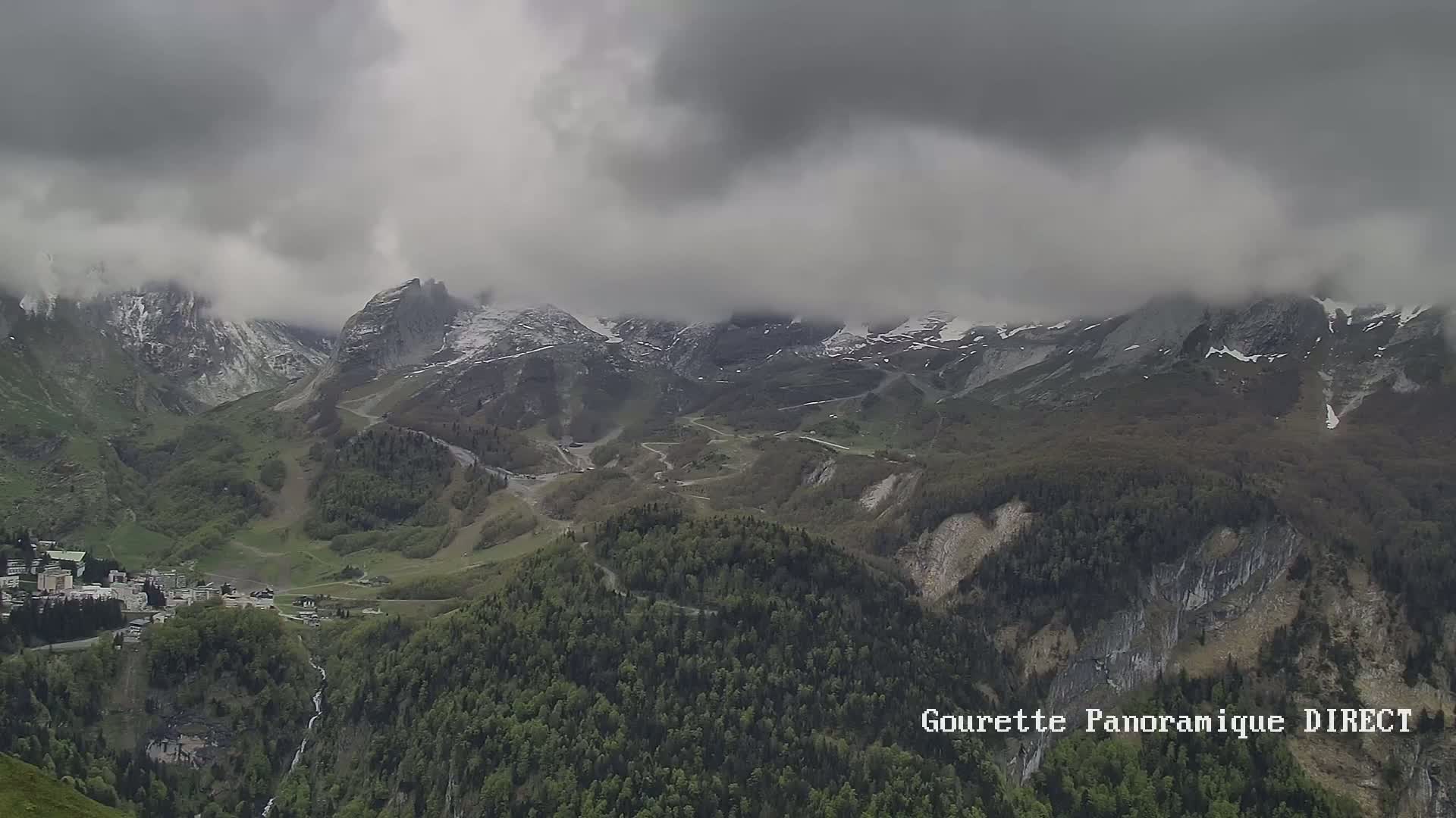 A mountain village nestled in a valley below snow-capped peaks under a cloudy sky.