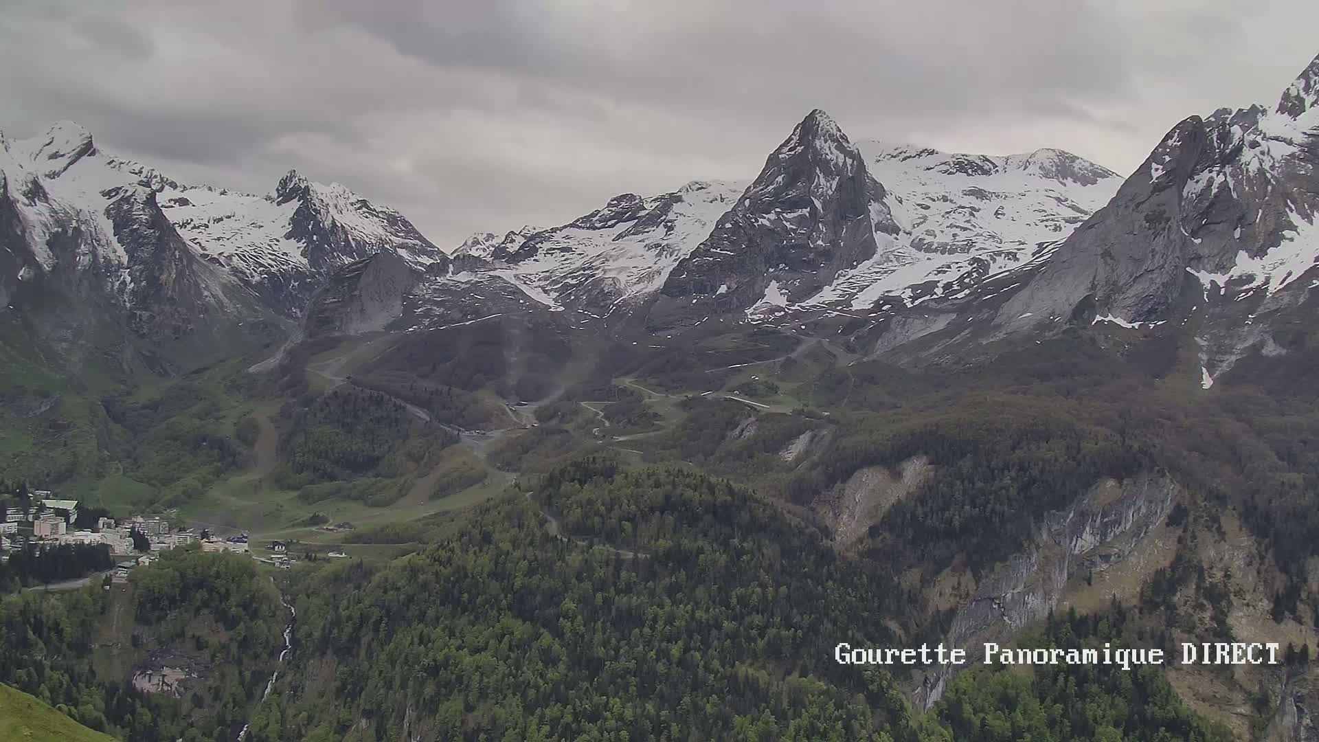 Snow-capped mountains overlook a valley of green forests and a small town under an overcast sky.