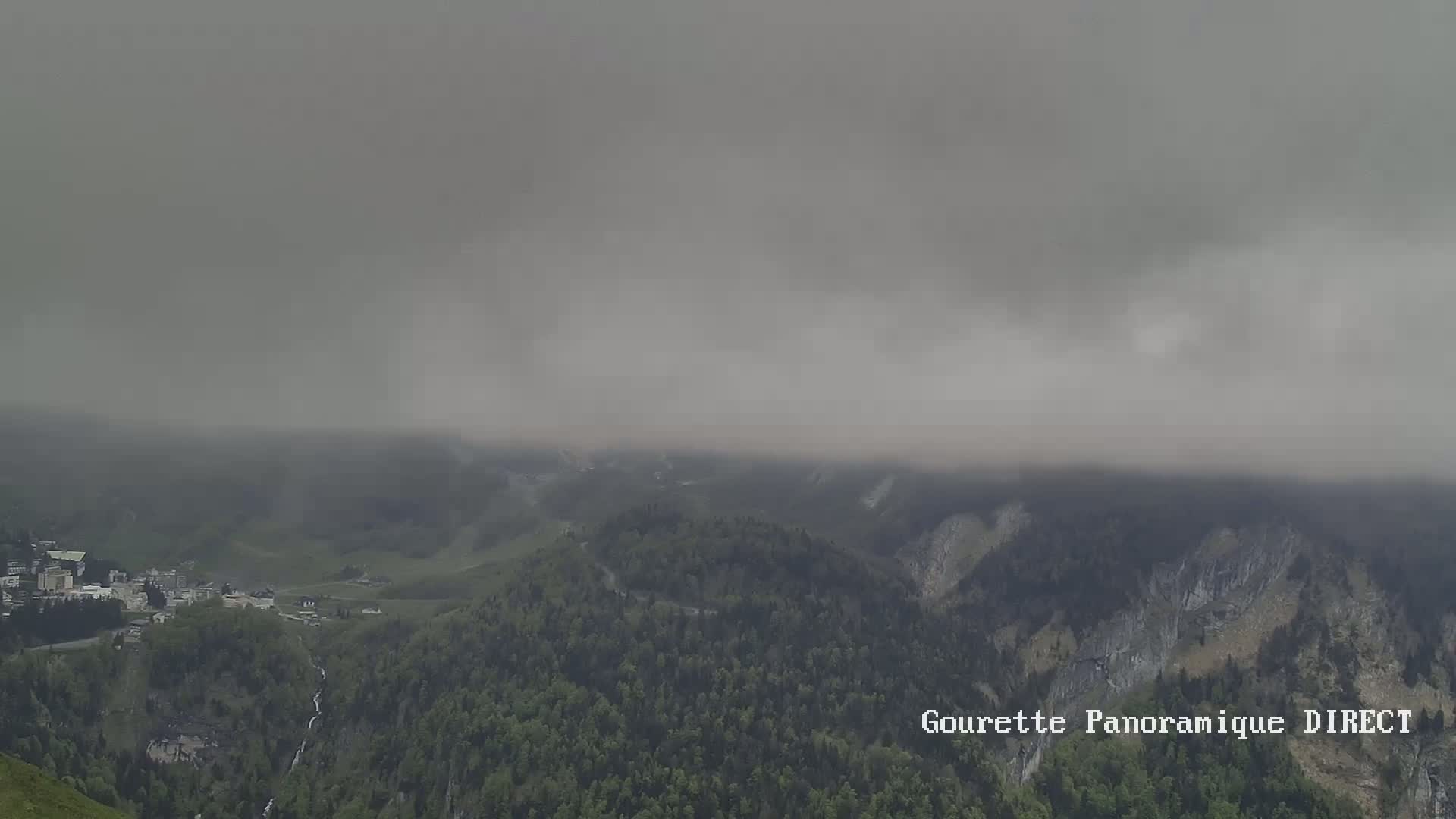 A hazy, overcast sky hangs over a mountainous landscape of dark green forests and a small village nestled in a valley.