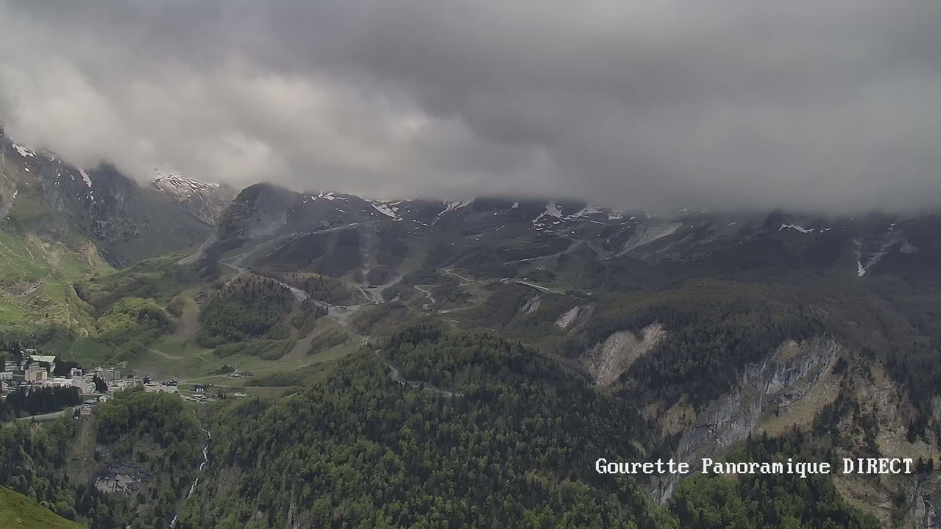A mountain village nestled in a valley of green forests and snow-capped mountains under a cloudy sky.