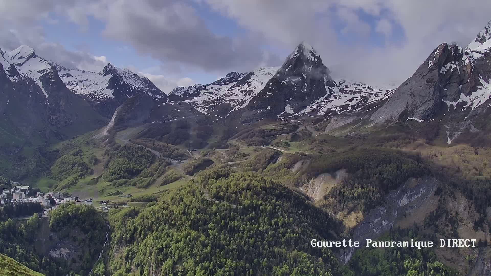A valley town nestled among snow-capped mountains under a partly cloudy sky.