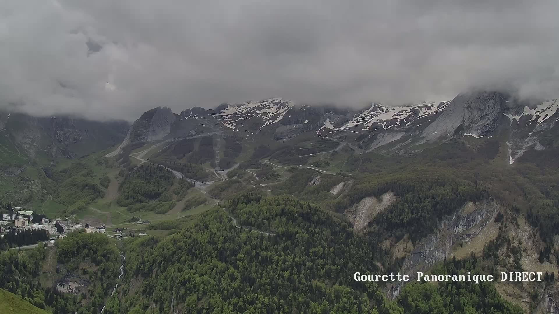 A mountain village nestled in a valley below snow-capped mountains under a cloudy sky.