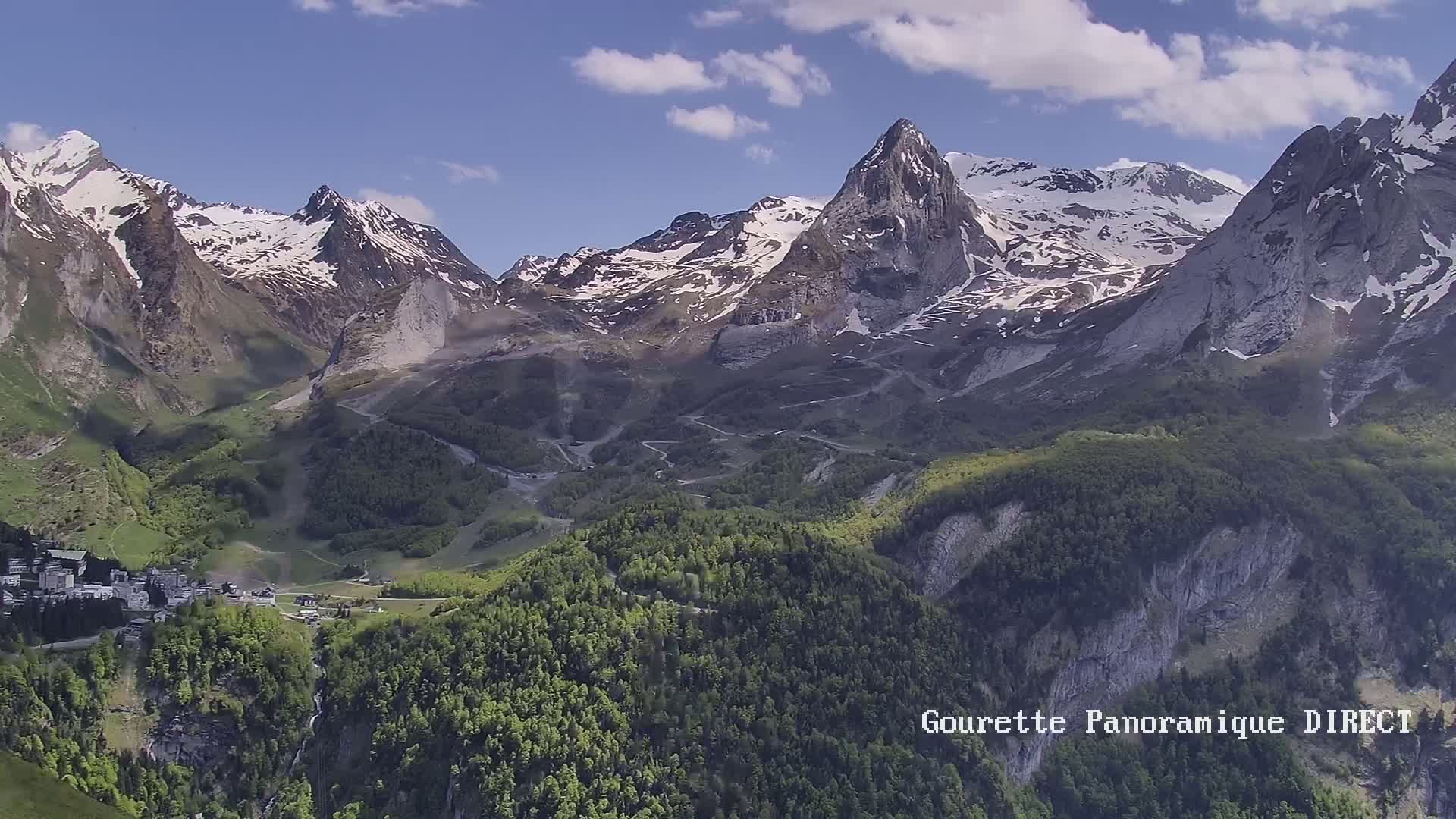A mountain village nestled in a valley below snow-capped peaks on a partly sunny day.