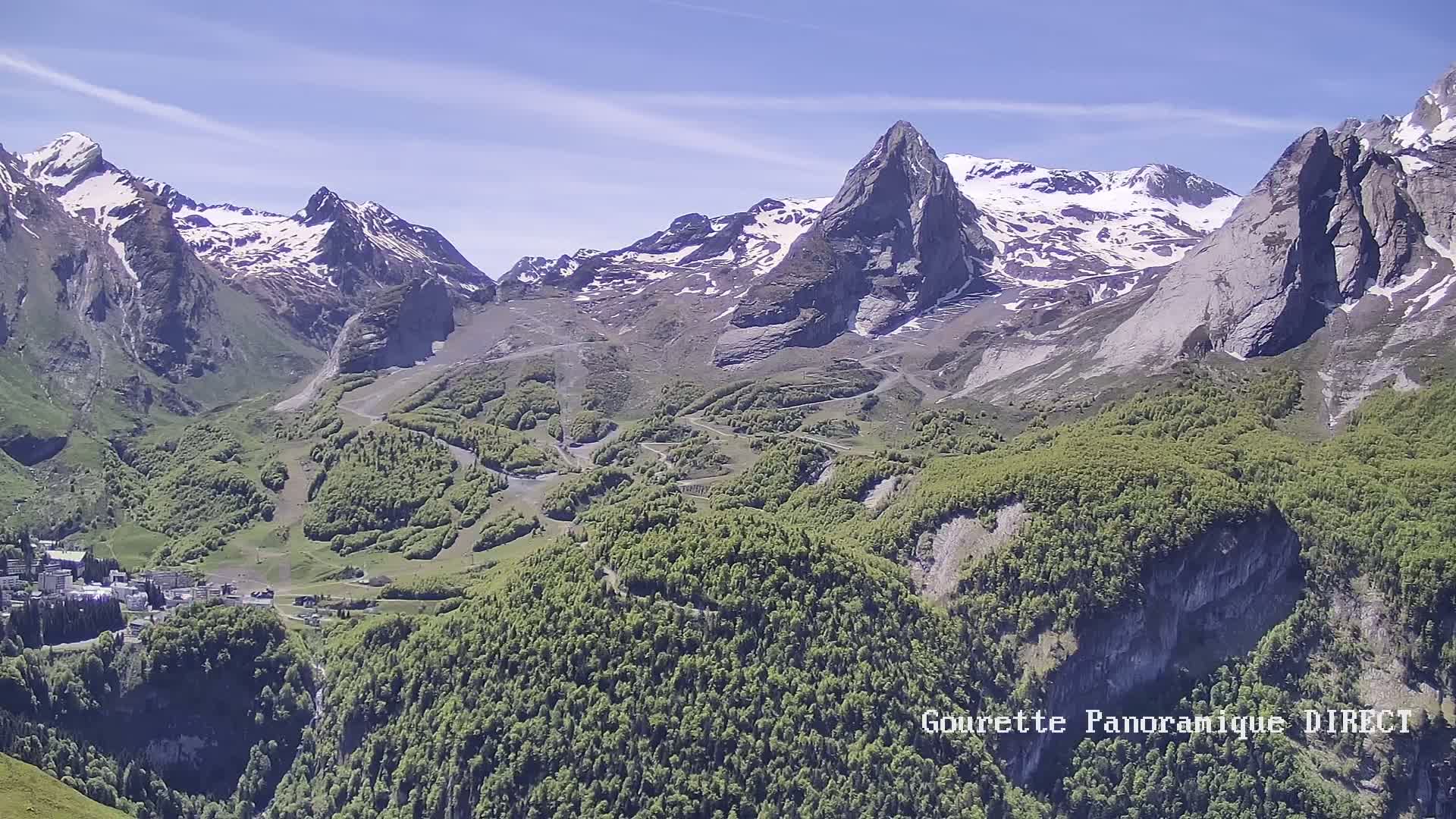 A mountain valley with snow-capped peaks under a clear blue sky shows lush green vegetation and a small town nestled among the trees.