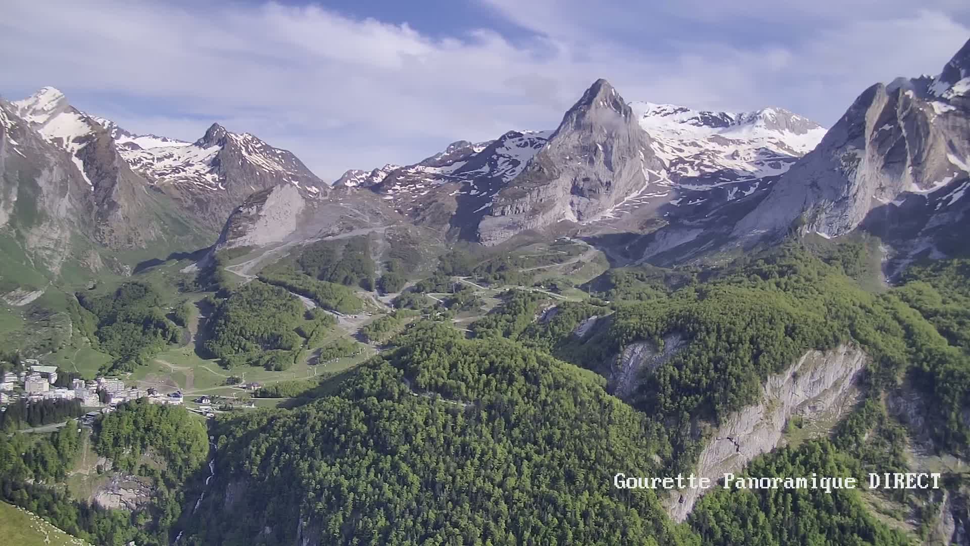 A mountain village nestled in a valley surrounded by snow-capped peaks and lush green forests under a partly cloudy sky.