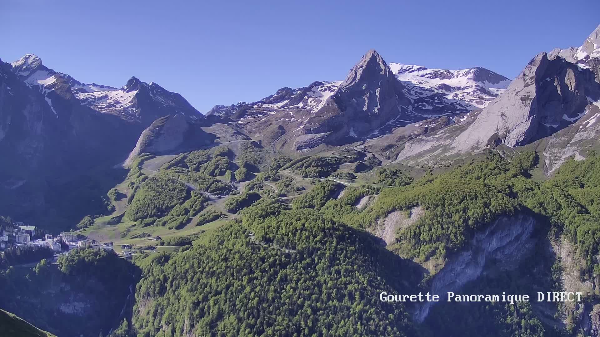 A panoramic view of snow-capped mountains and a valley covered in lush green forests under a clear blue sky.