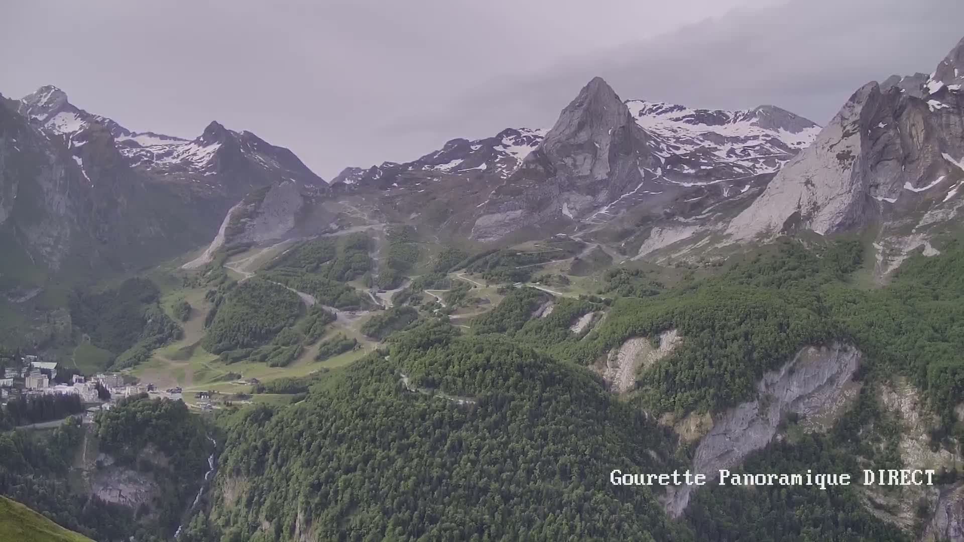 A mountain valley with snow-capped peaks, green forests, and a small town nestled below, under an overcast sky.