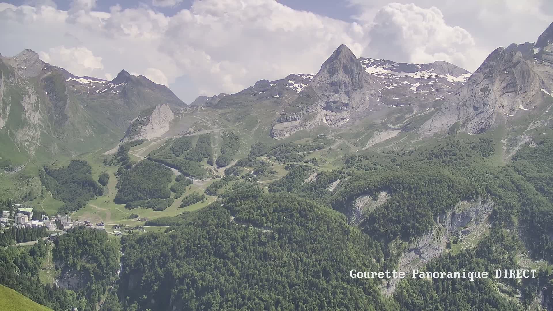 A mountainous landscape with partly cloudy skies shows a valley with a small town nestled among green forests and rocky, snow-dusted peaks.