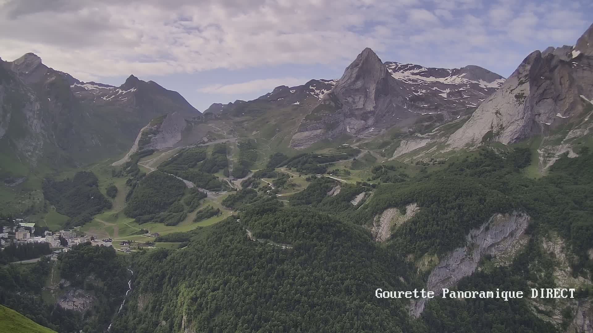A mountain valley with a small town nestled below steep, snow-capped peaks under a partly cloudy sky.