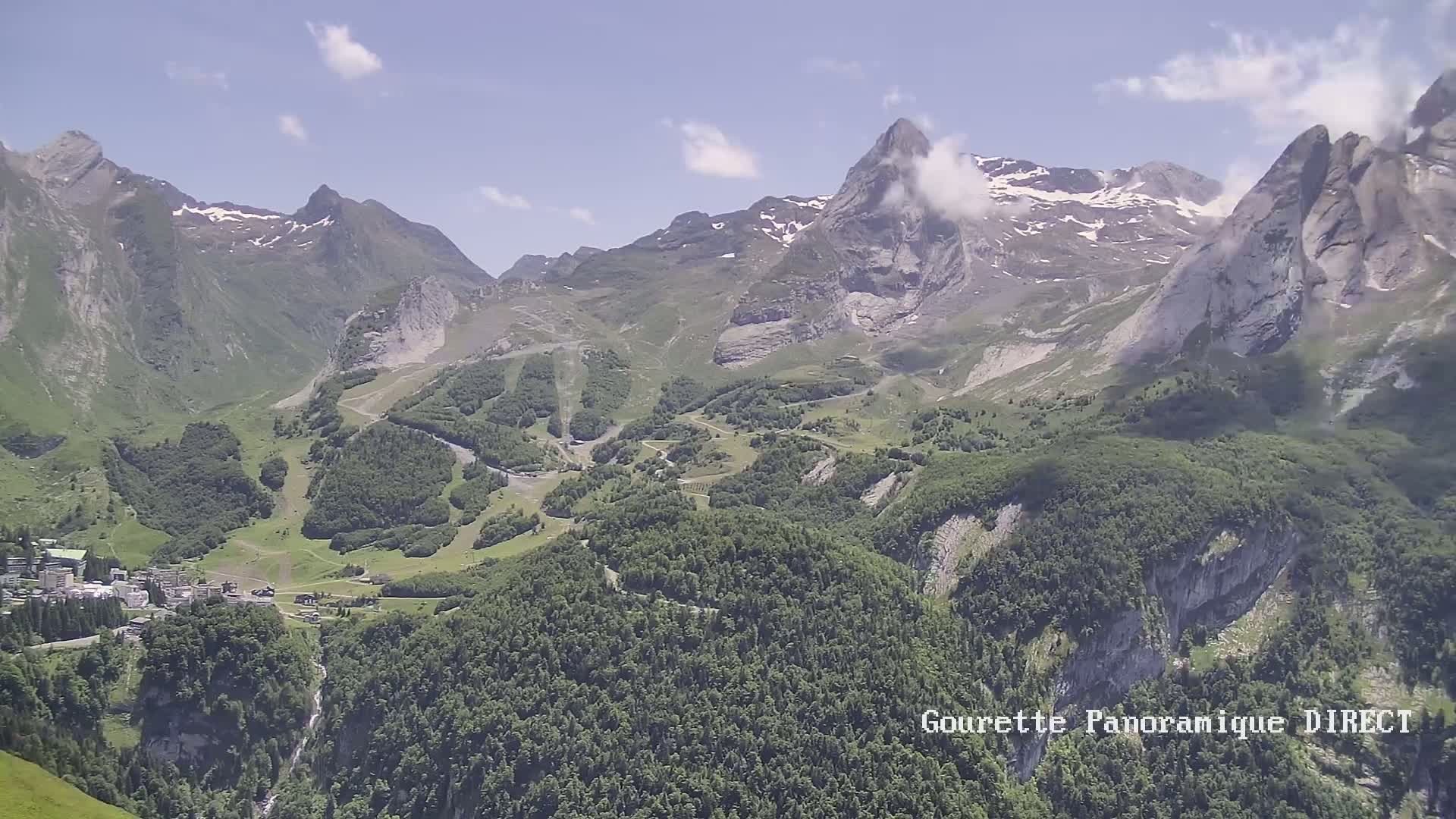 A mountain valley town nestled among lush green forests and towering, snow-dusted mountains under a mostly clear, sunny sky.