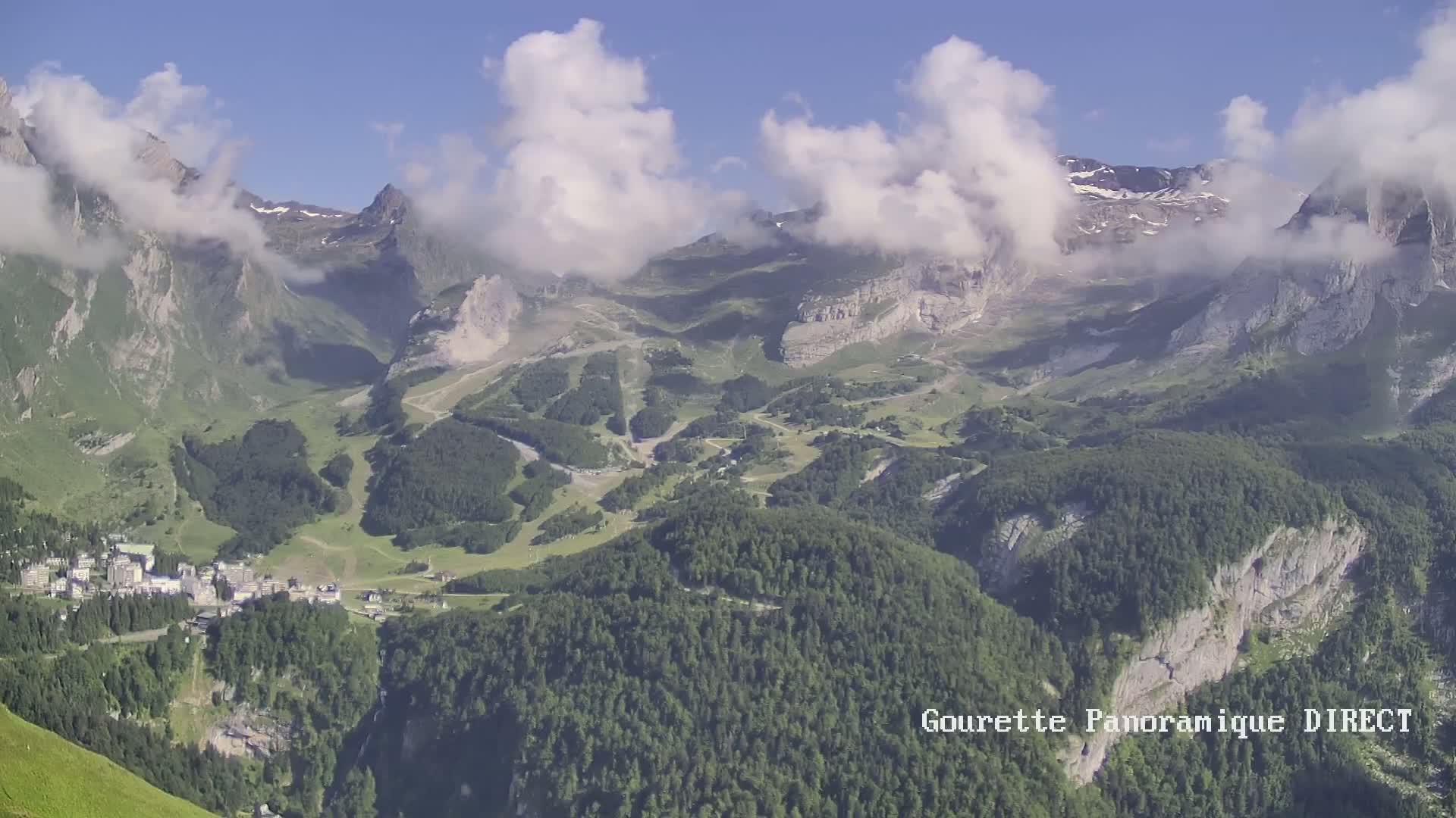 A mountain valley town nestled among green hills and rocky, cloud-covered peaks under a partly cloudy sky.