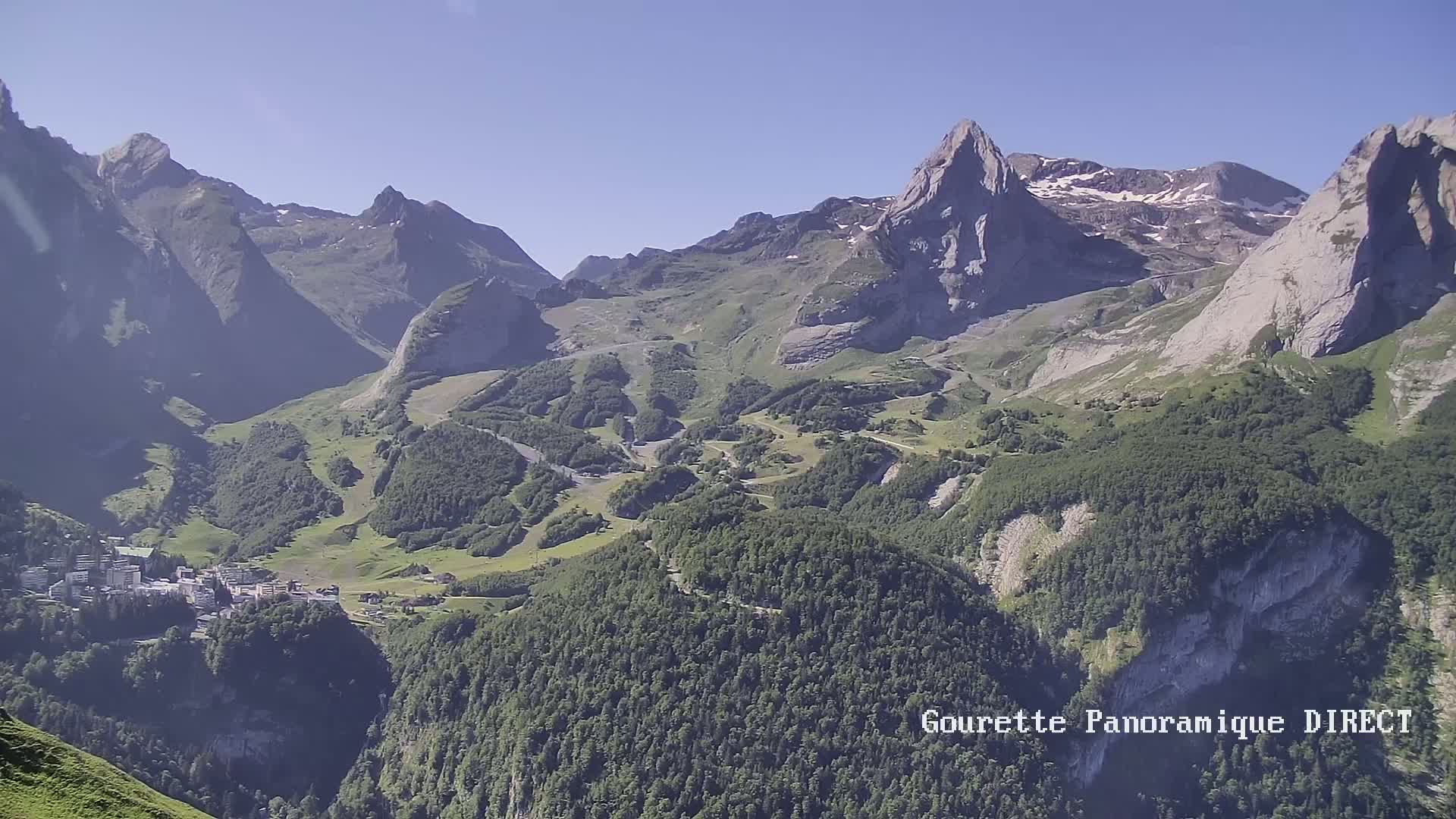 A mountain valley town nestled below a range of rugged, snow-capped peaks under a clear, sunny sky.