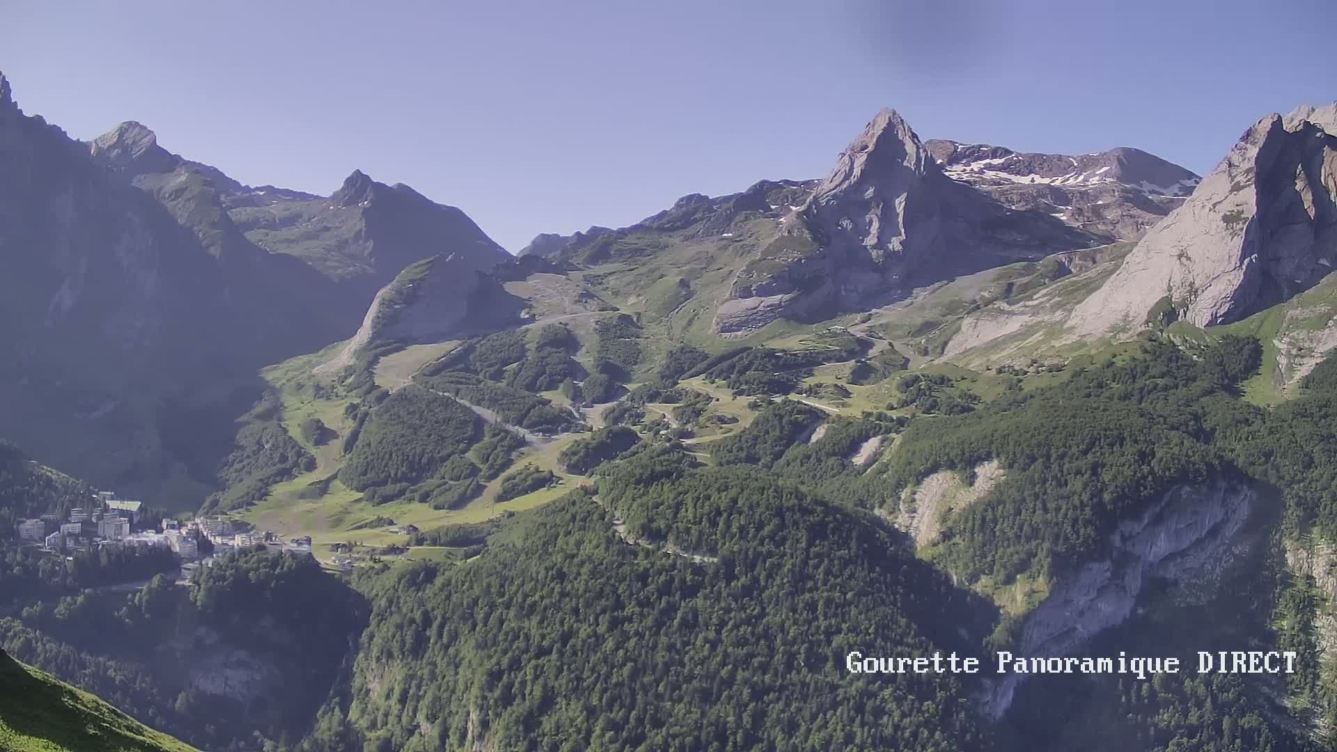 A mountain valley with a small town nestled within, surrounded by verdant slopes and towering, rocky peaks under a clear, sunny sky.