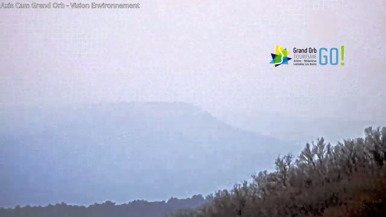 A hazy, distant mountain range is visible through a layer of atmospheric mist, with a foreground of dark, low-lying vegetation.